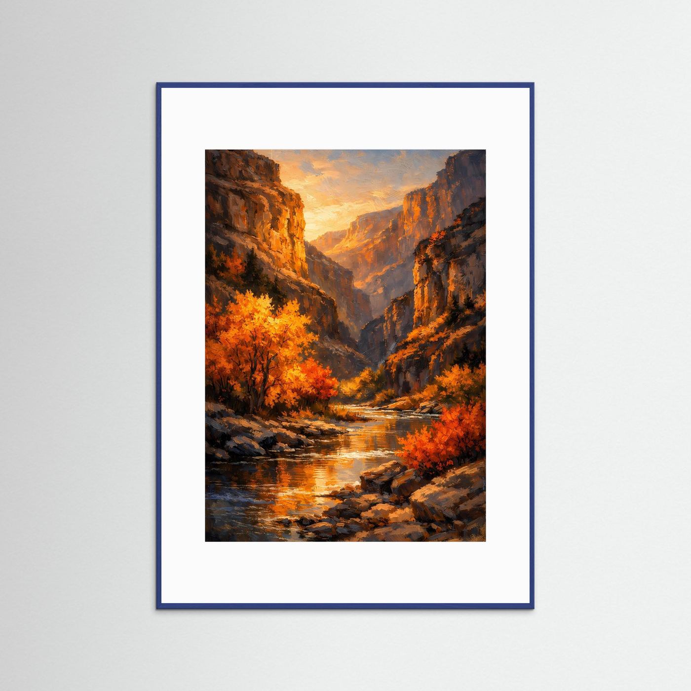 Wandbild mit Canyonlandschaft, Herbstbäumen und Fluss im Sonnenuntergang, blauer Rahmen