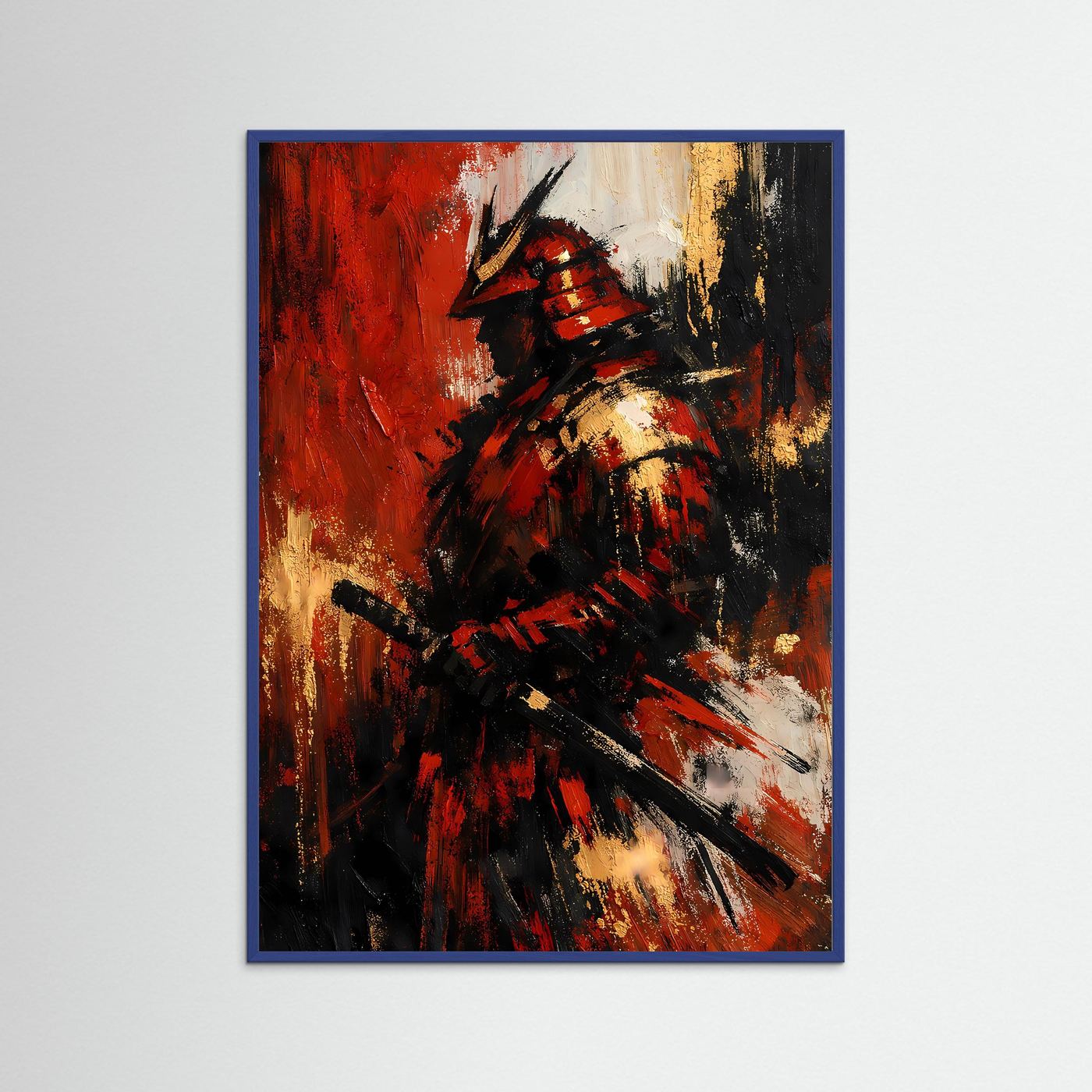 Samurai-Kunstposter mit blauem Rahmen, tiefrot, gold und schwarze Pinseloptik