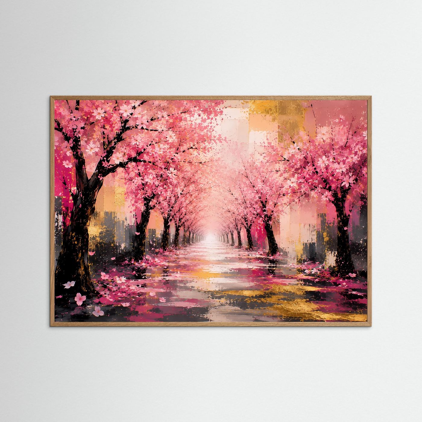 Kirschblütenallee in Rosa & Gold | Abstraktes Frühlings-Wandbild in Premiumqualität