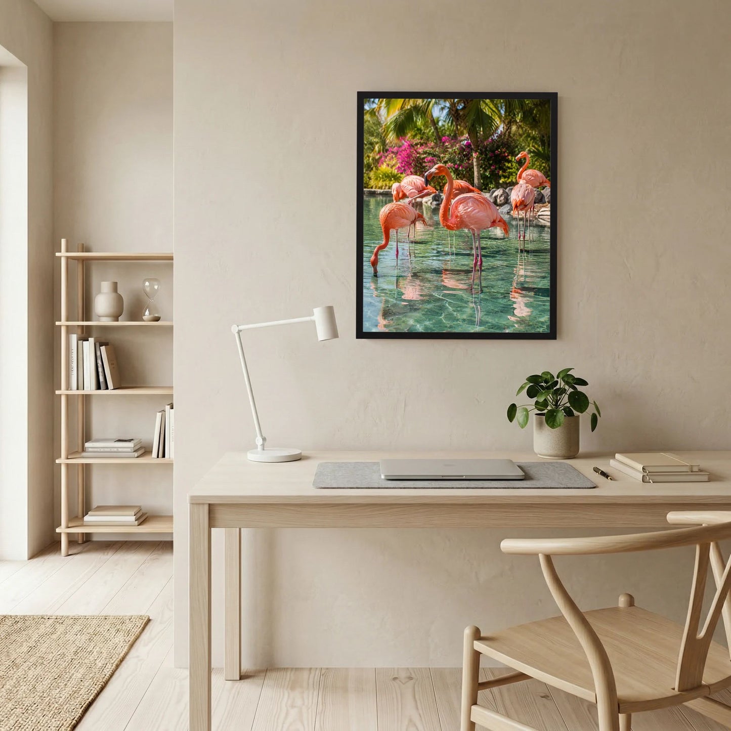 Wandposter im schwarzen Rahmen mit mehreren rosa Flamingos im grünen Wasser
