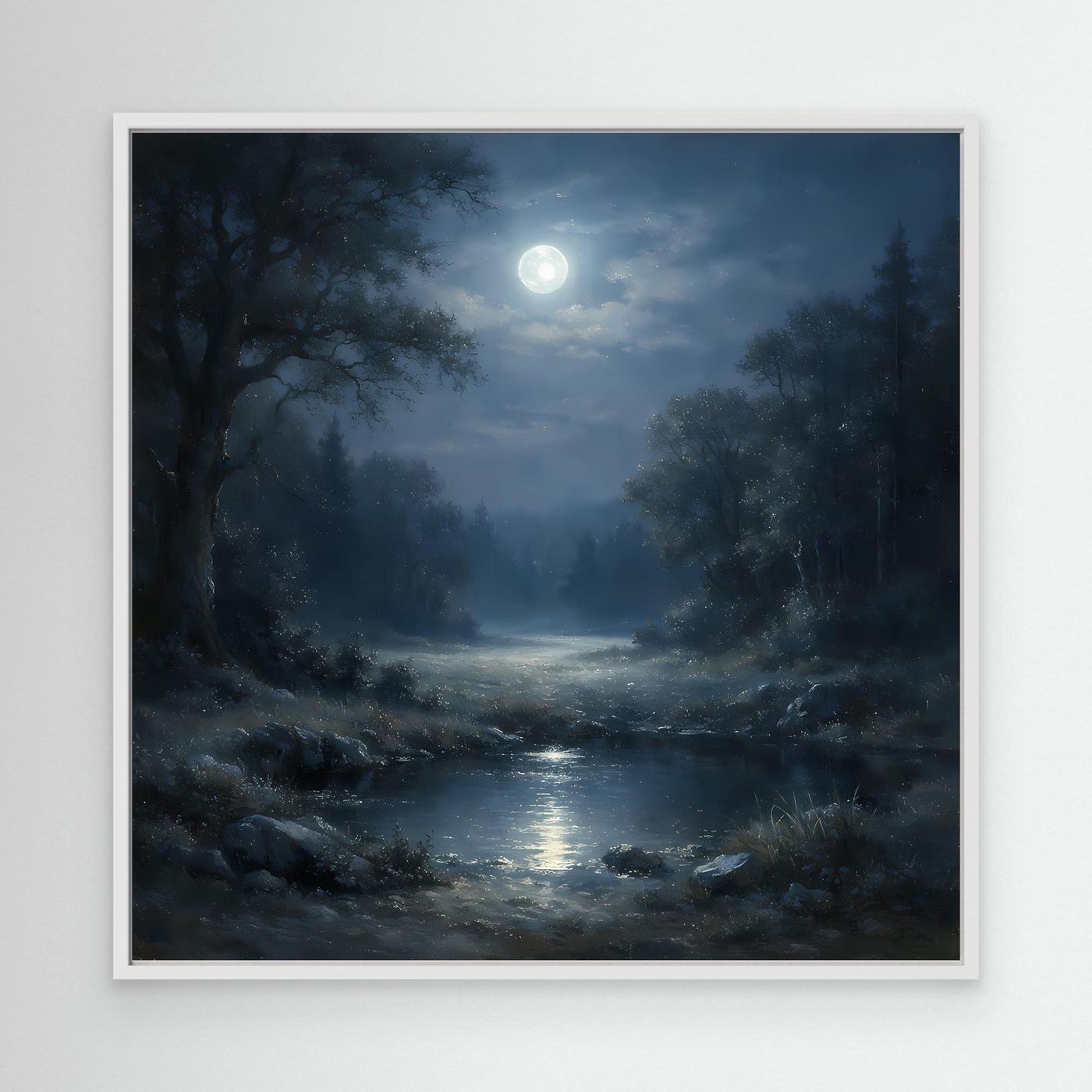 Leinwandbild Nachtwald mit Fluss und hellem Mond, Nebelstimmung, im weißen Rahmen