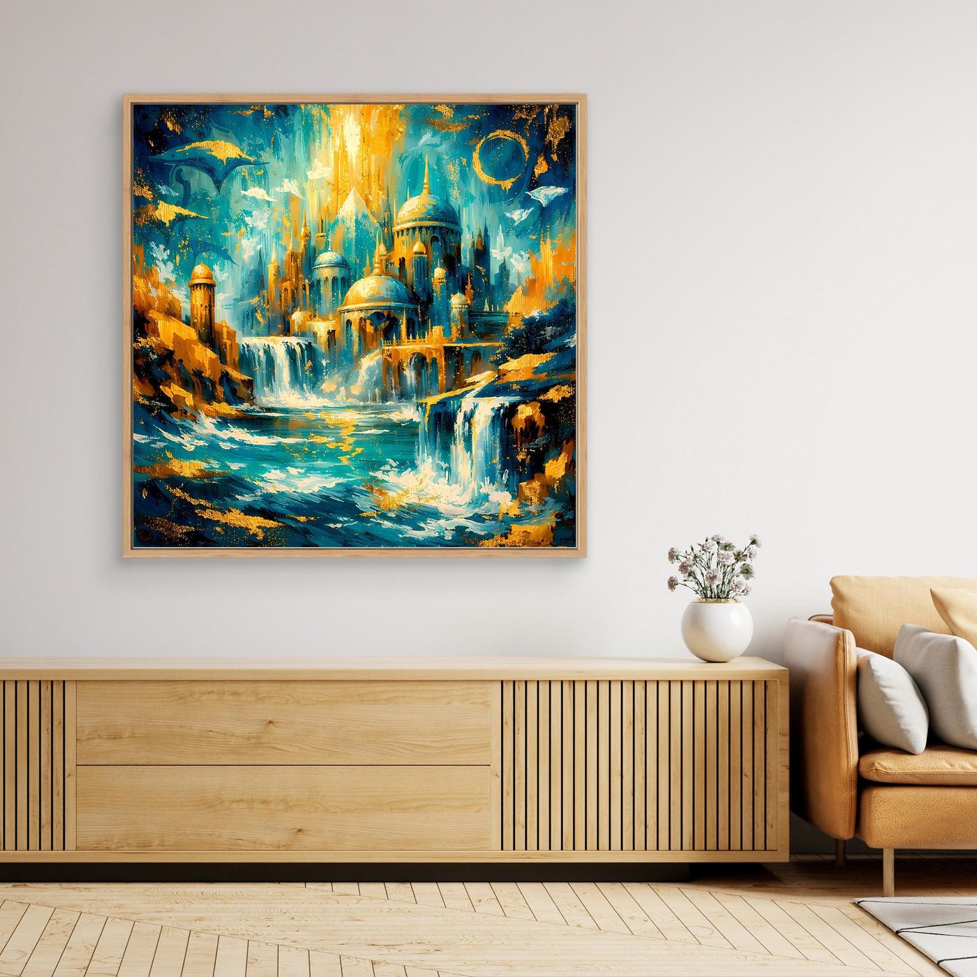 Quadratisches Leinwandbild mit Holzrahmen: märchenhafte Palaststadt, Wasserfälle, türkis und gold