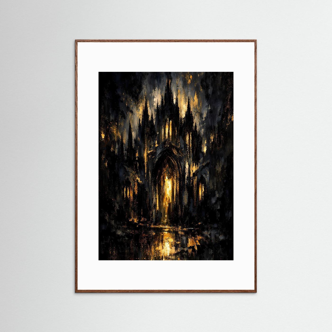 Kathedralen-Poster im dunkleren braunen Rahmen, schwarzes Motiv mit goldenen Lichtern, hochformatig