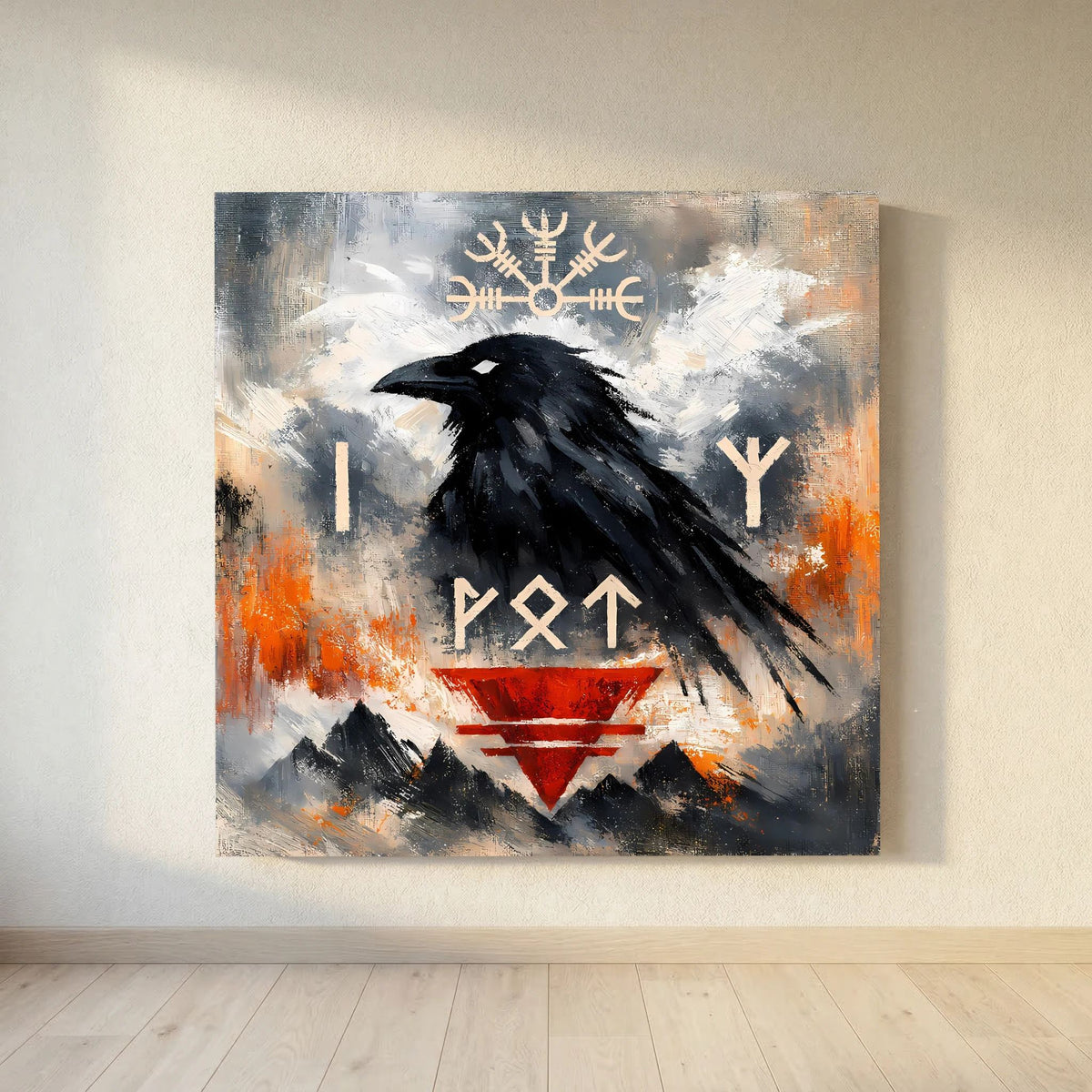 Leinwand mit Rabenmotiv, Runen und Vegvísir