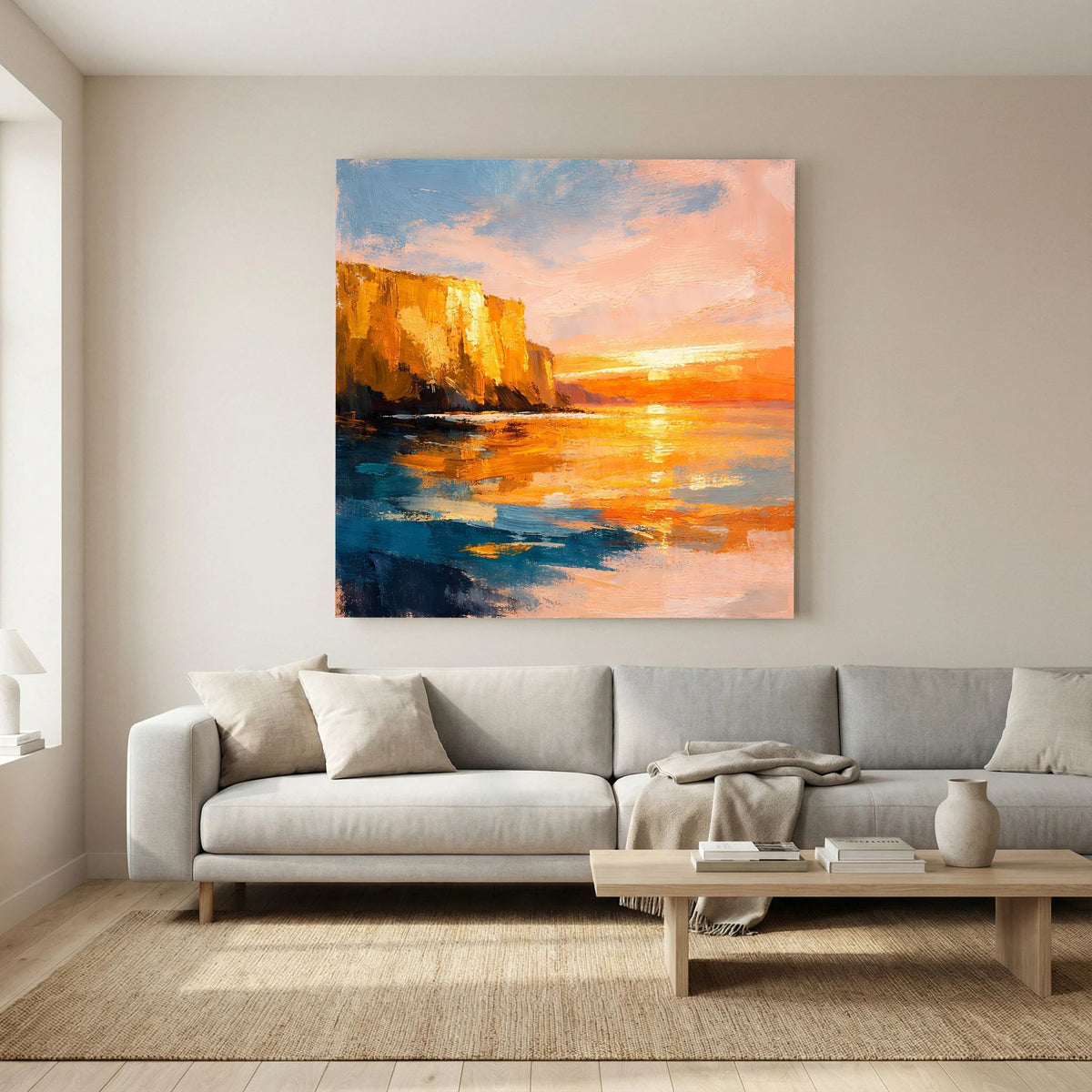 Leinwand-Wandbild: Sonnenuntergang über einer Küste, orangefarbene Klippen und blaue Pinselstriche