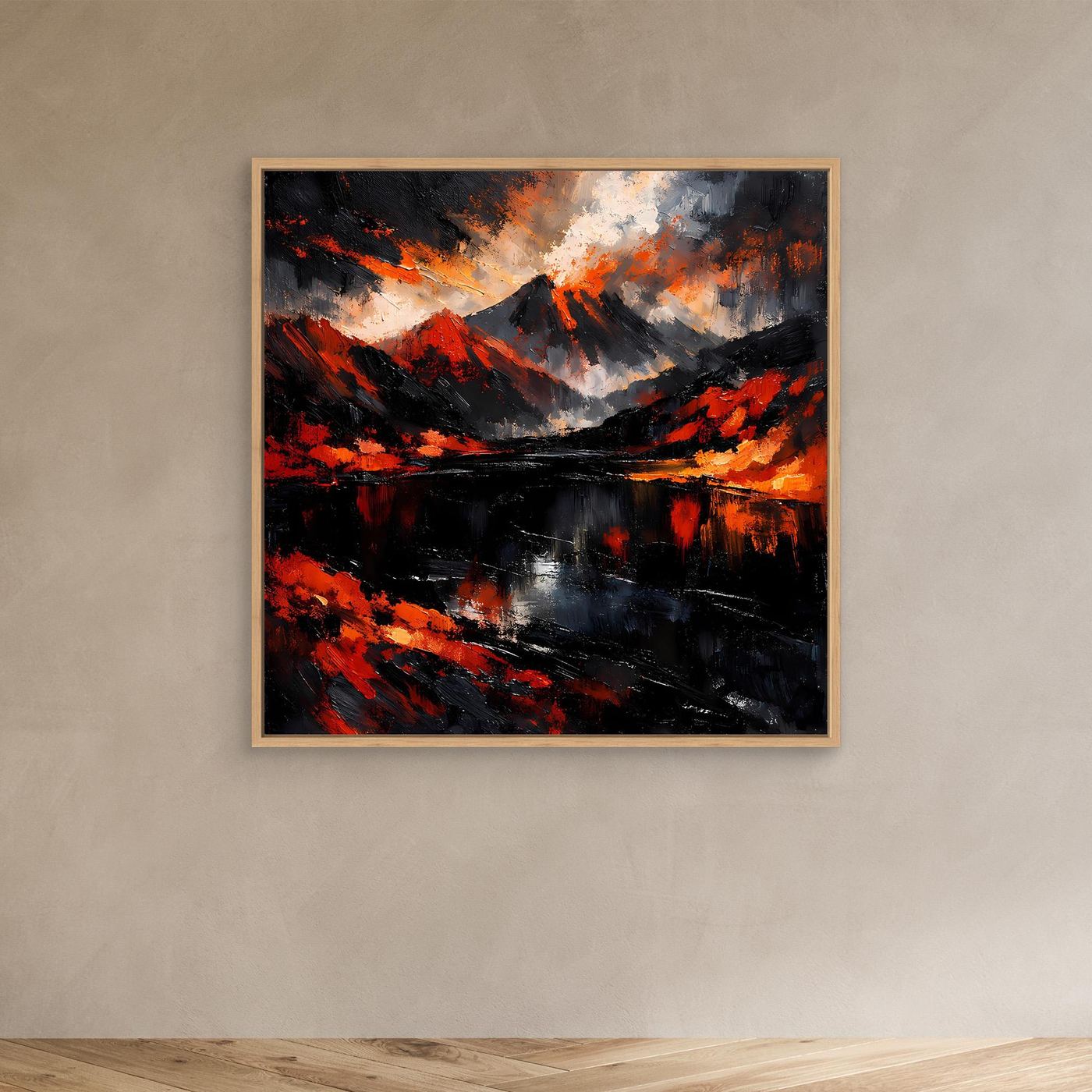 Abstraktes Leinwandbild im hellen Holzrahmen, Vulkan- und Wasser-Motiv in Rot und Dunkelgrau