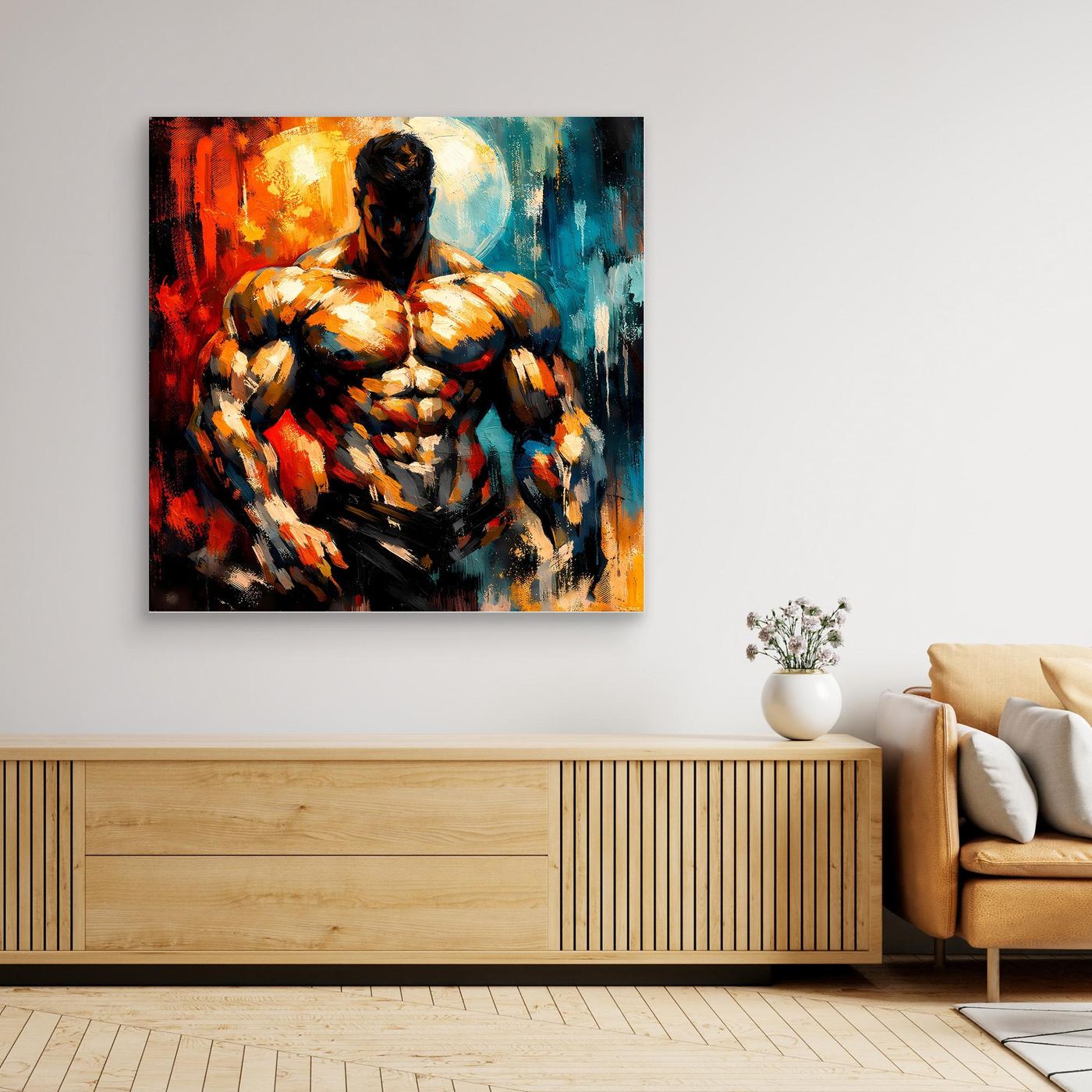 Gerahmtes Leinwandbild mit abstraktem Bodybuilder in warmem Rot-Orange und Blau