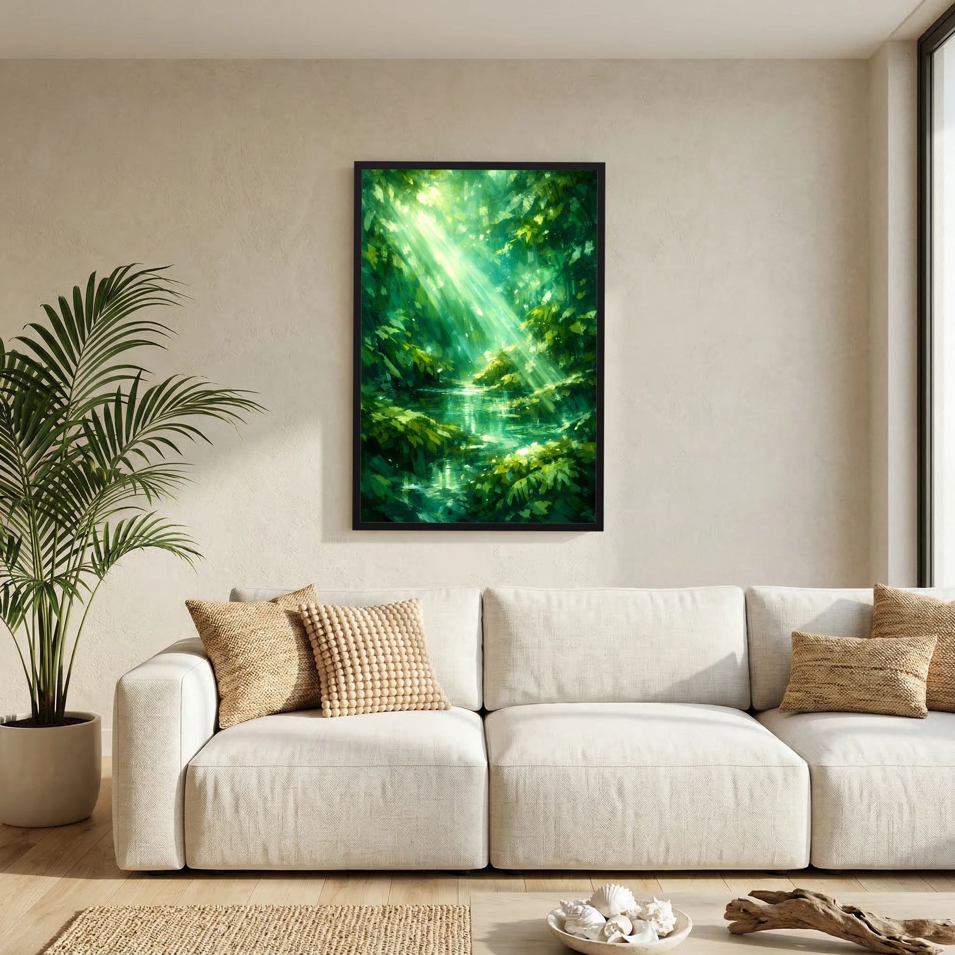 Poster im schwarzen Rahmen: grüner Waldsee mit Lichtstrahlen im Dschungelgrün