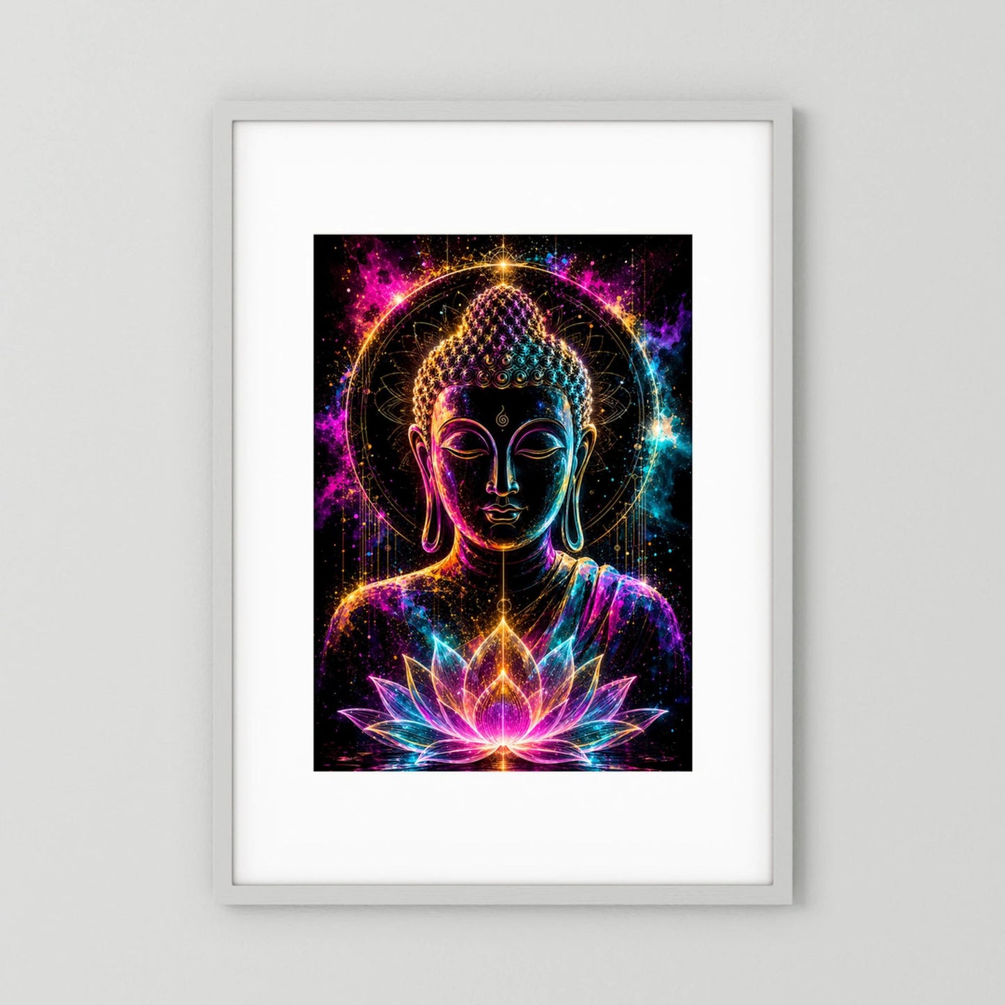 Gerahmtes Kunstposter im Hochformat mit leuchtender Buddha-Silhouette, Lotusblüte in Neonfarben