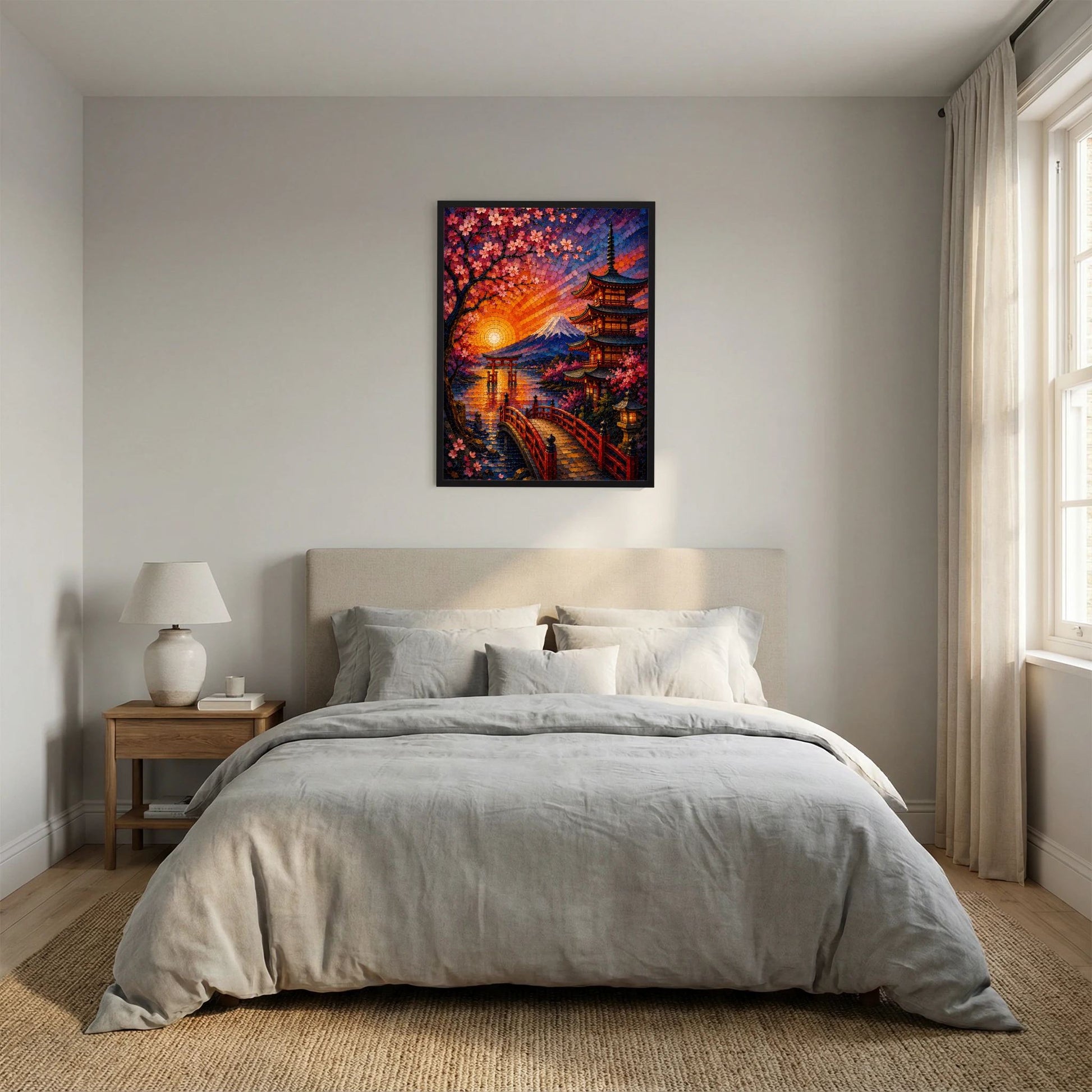 Gerahmtes Poster im Mosaikstil mit Kirschblüten, Pagode und Fuji bei Sonnenuntergang