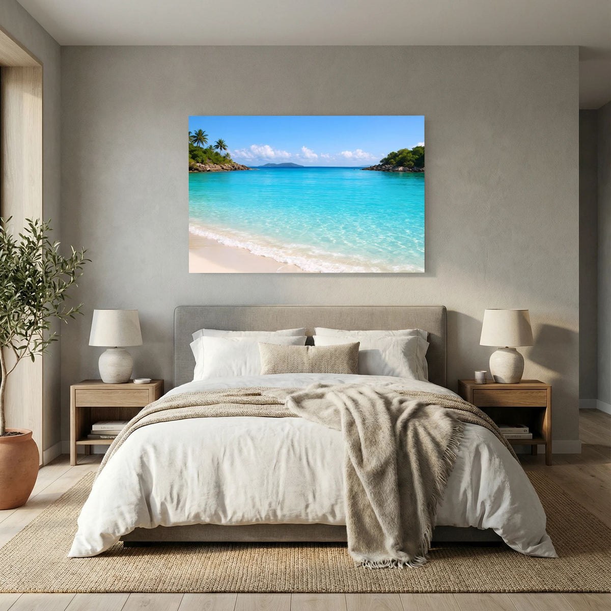 Strand-Wandbild: türkisfarbenes Meer mit Palmen und weißem Sandstrand