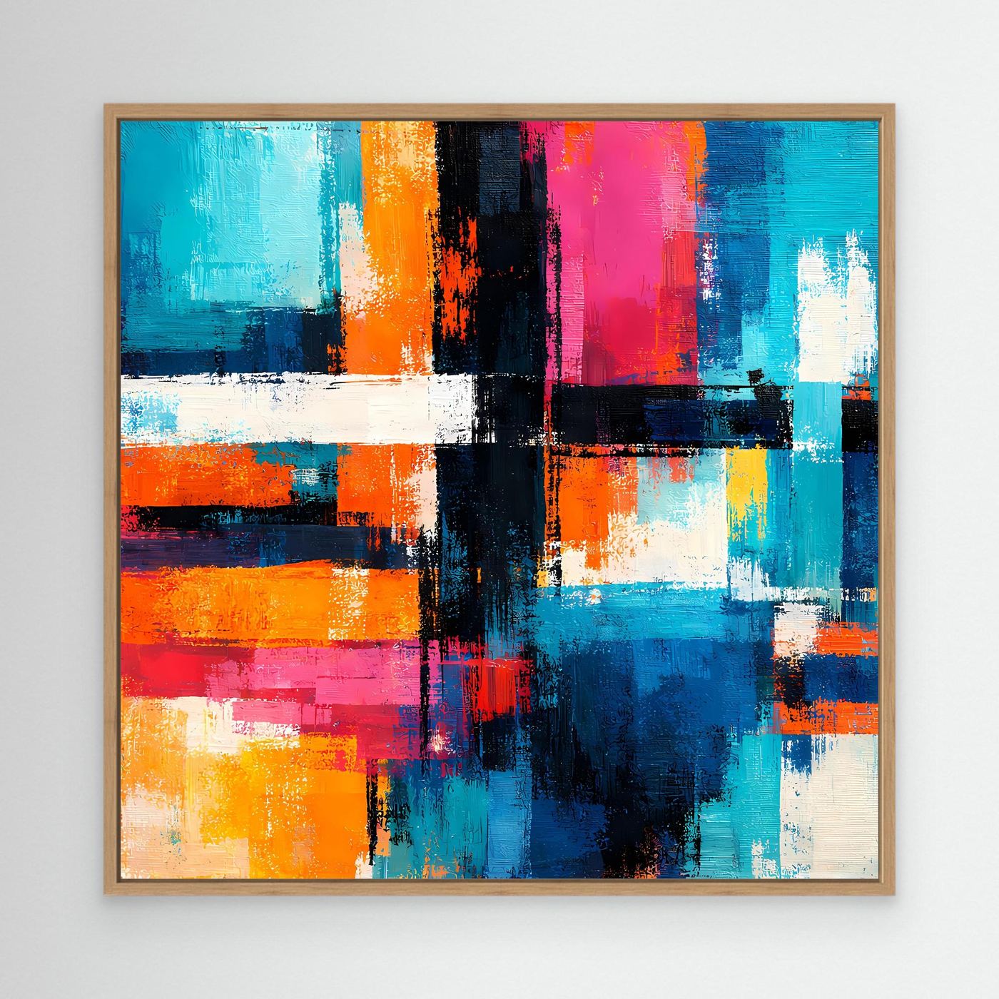Abstract geometric canvas painting with colorful blocks and lines, wood frame