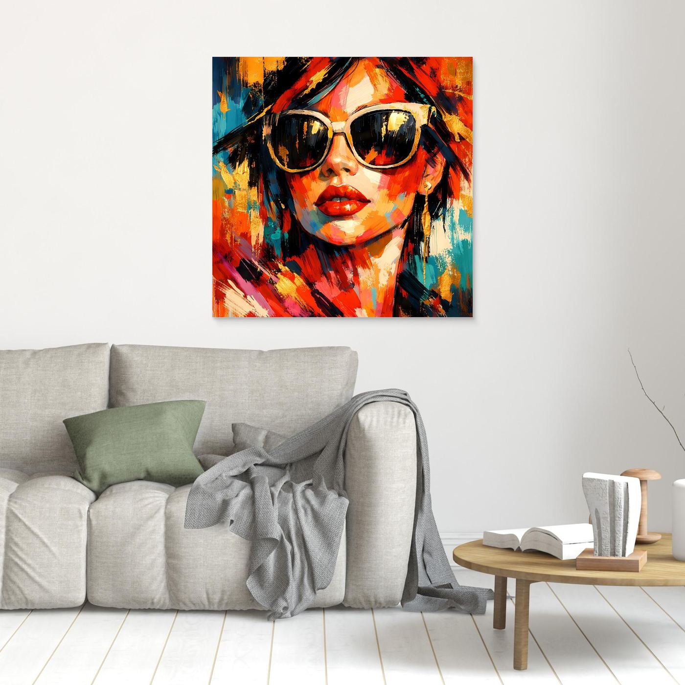Leinwandbild Pop-Art-Frau mit Sonnenbrille, kompakte Darstellung, orange-blau-rote Farbflächen
