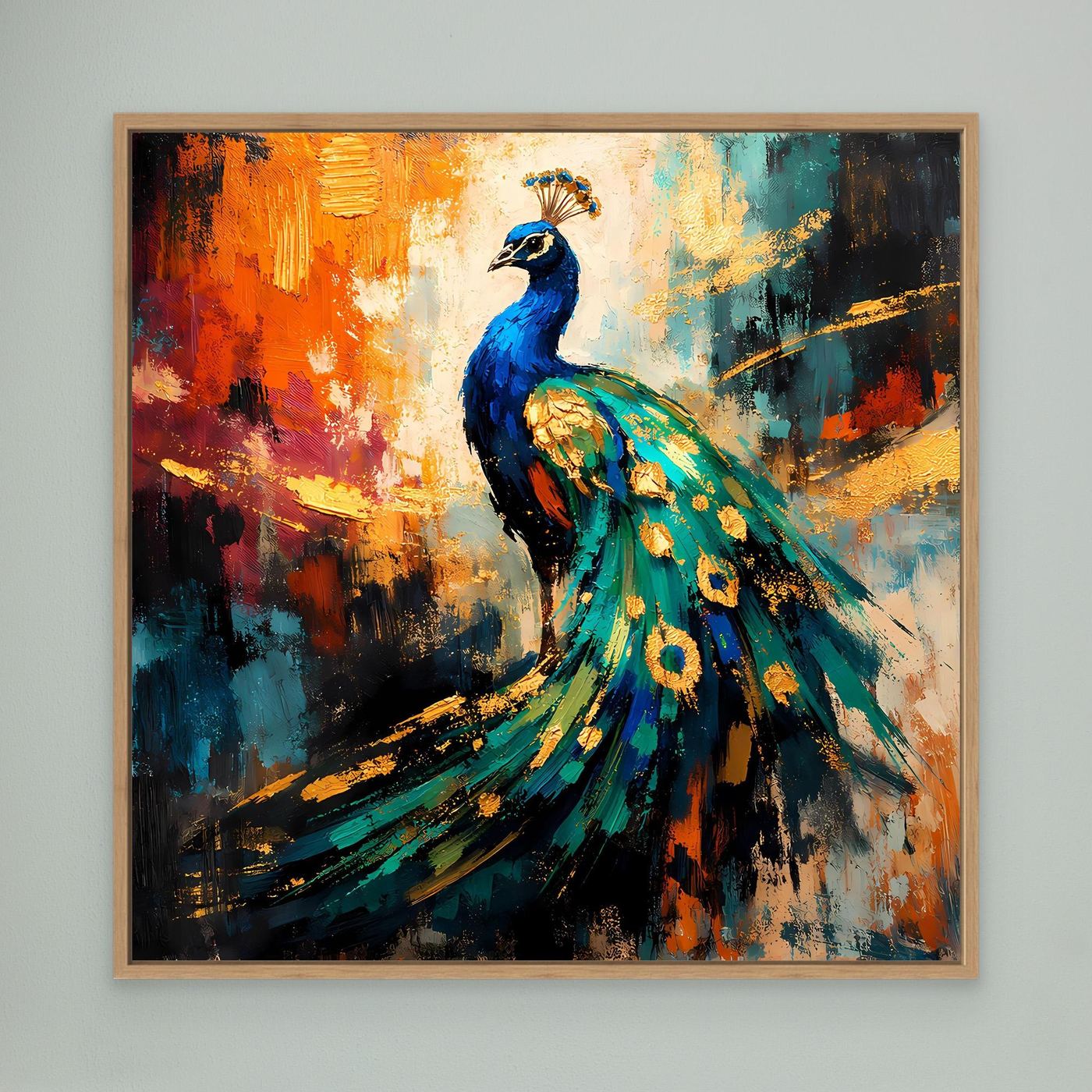 Leinwandbild mit leuchtendem Pfau, abstrakt gemalt, Eichenrahmen
