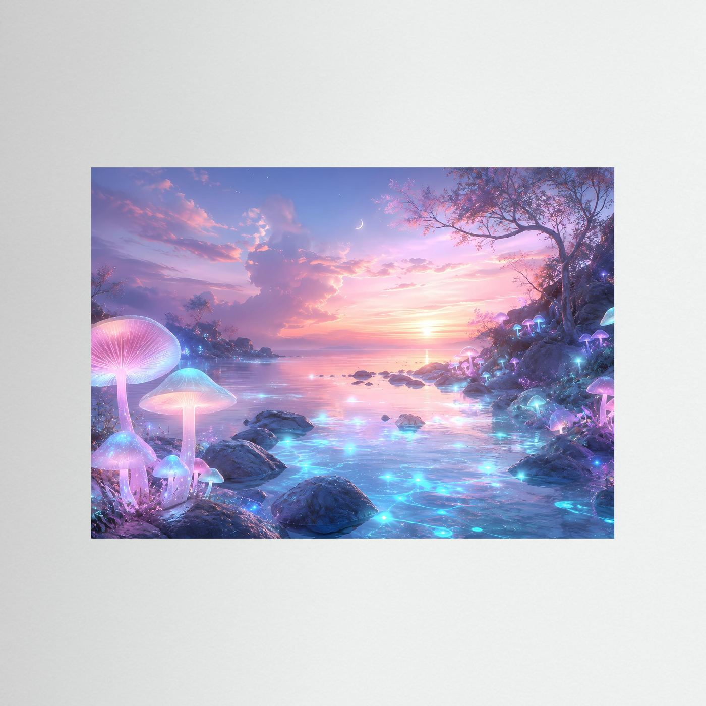 Magischer Pilzwald Poster | Fantasie Landschaft Wandkunst | Leuchtende Pilze am Traumsee | Mystische Fantasy Wall Art | Premium Leinwandbild