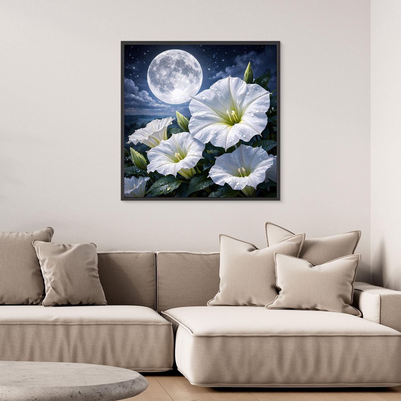 Leinwand-Wandbild mit weißen Blüten, grünen Blättern und Vollmond