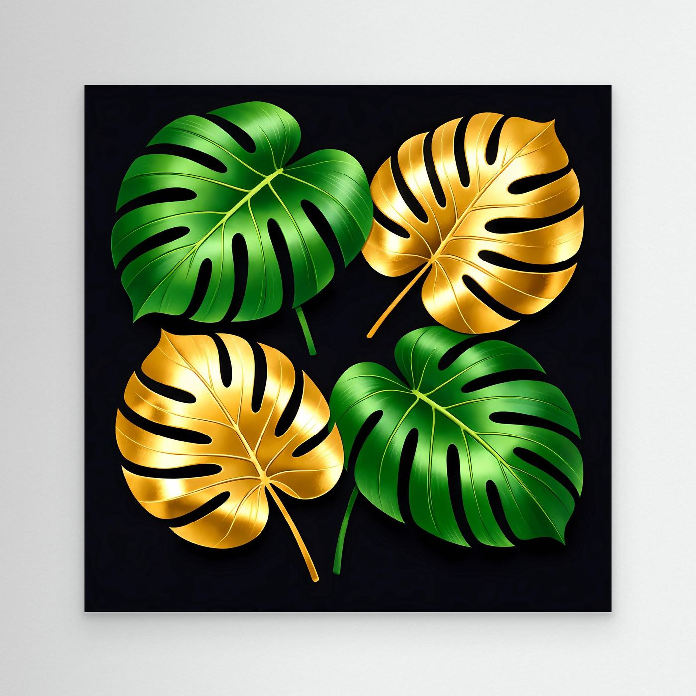 Leinwandbild mit Monstera-Blättern, goldgrün, schwarzer Rahmen