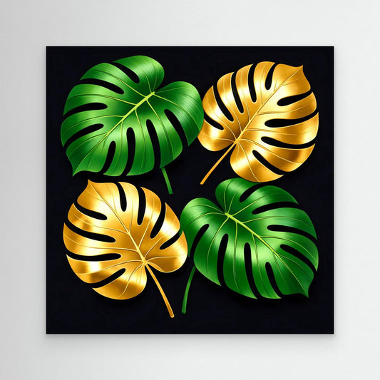 Leinwandbild mit Monstera-Blättern, goldgrün, schwarzer Rahmen