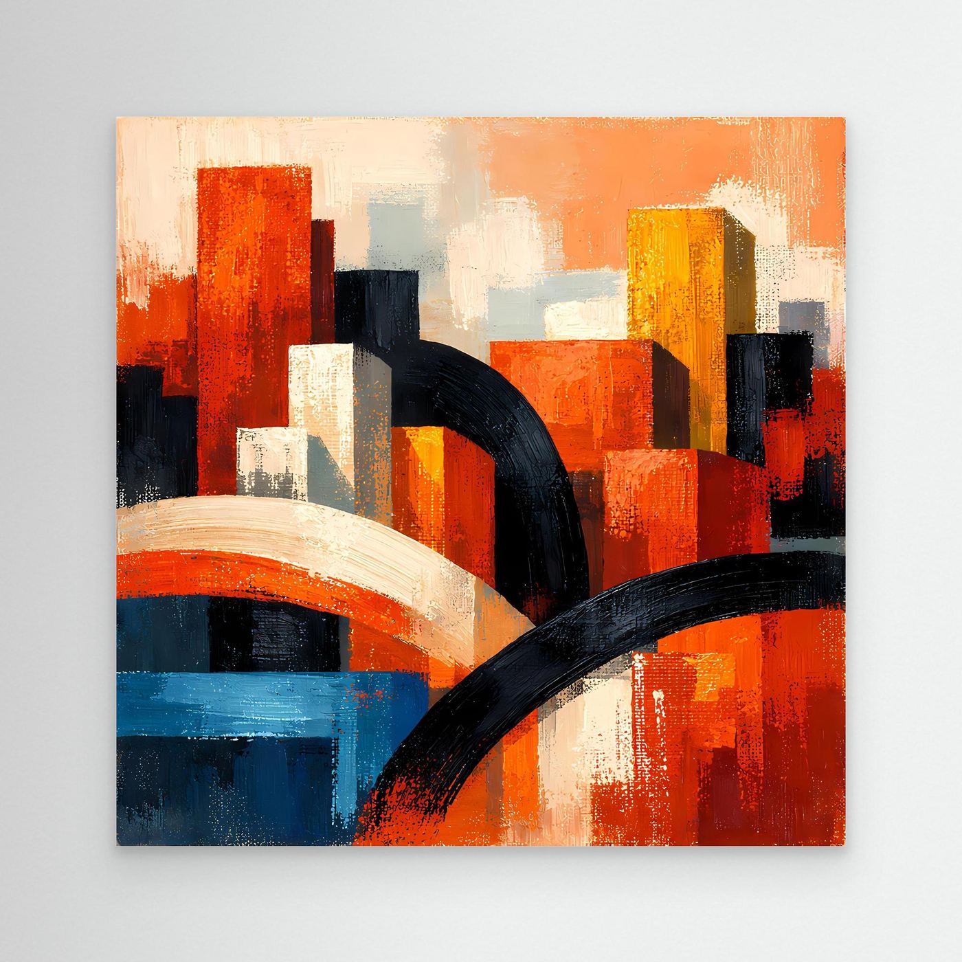 Leinwandbild mit abstraktem Skyline-Motiv, orange, blau und schwarze Architekturformen
