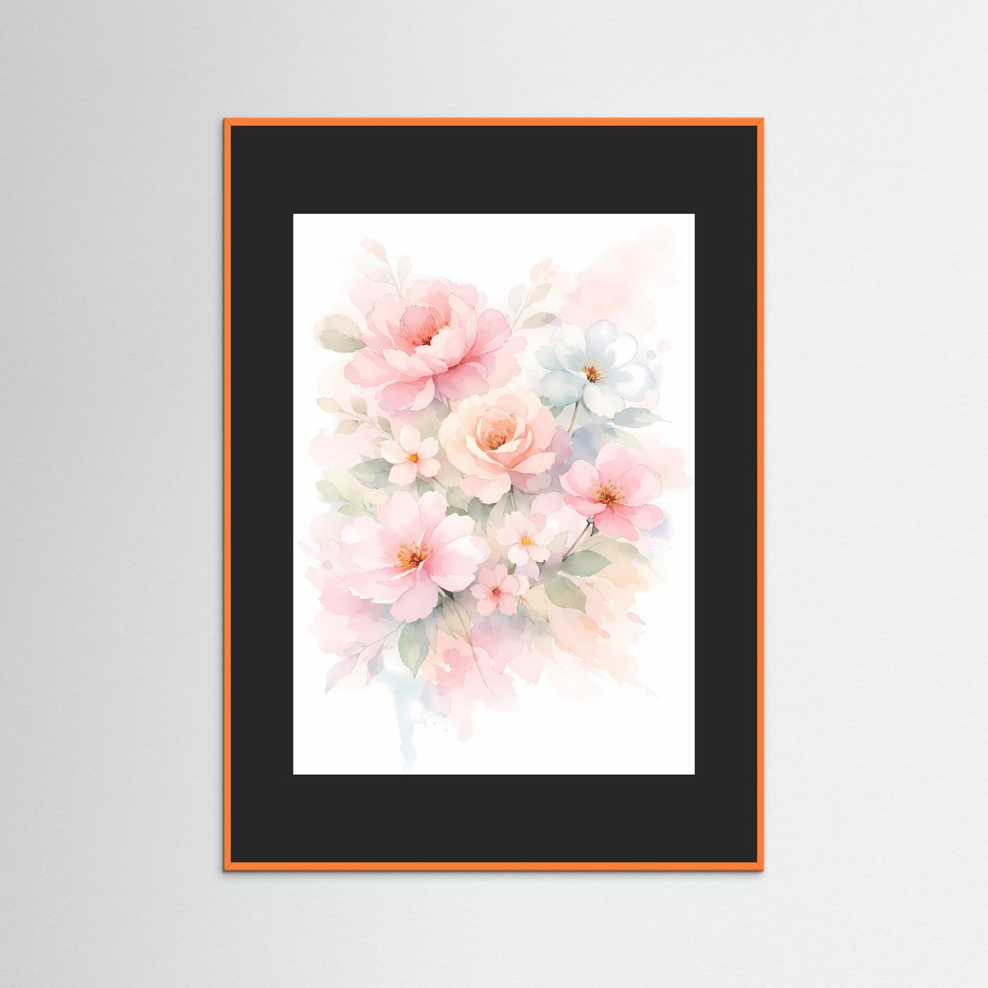 Gerahmtes Blumenposter im Aquarellstil mit rosa Blüten und dunklem Passepartout