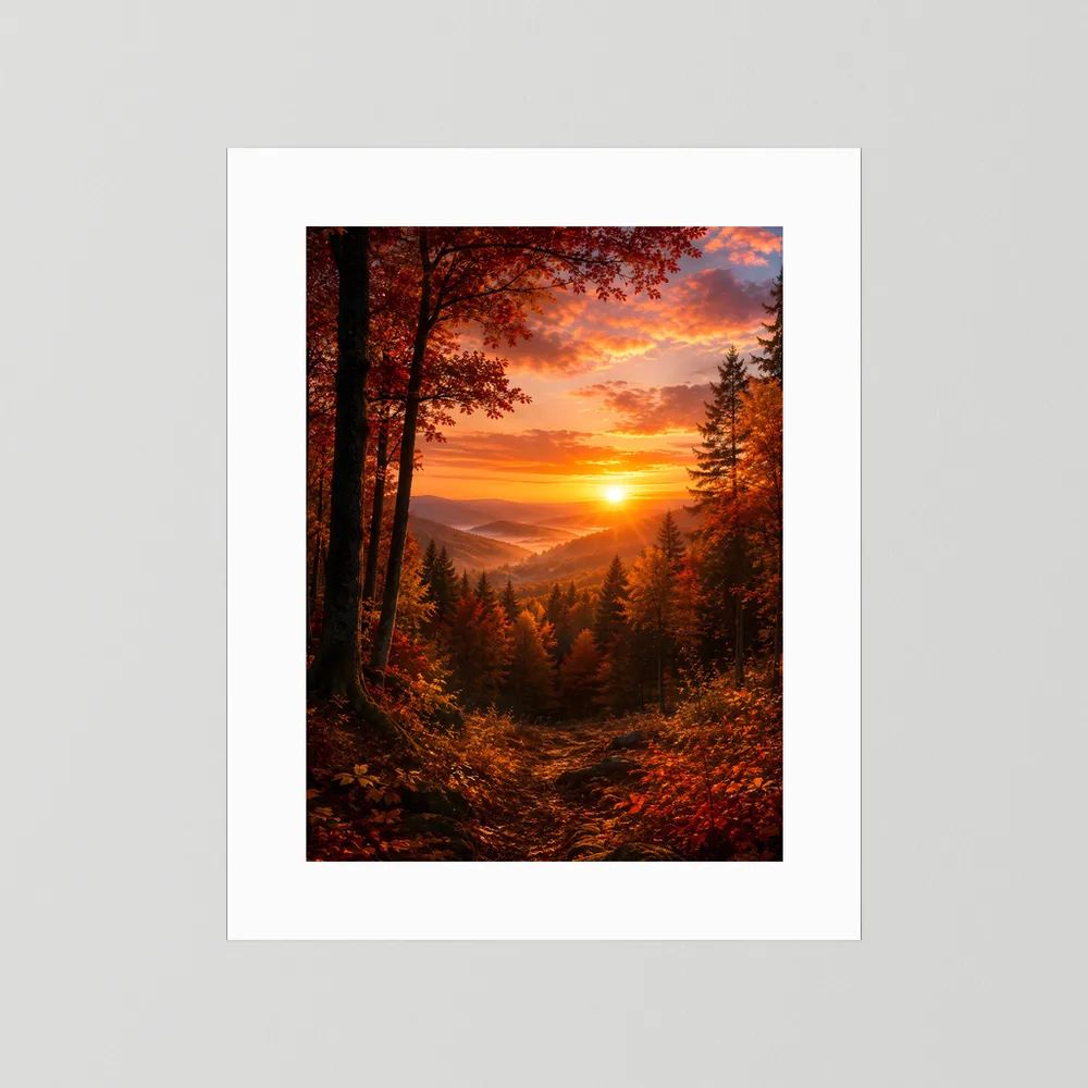 Kunstposter mit weißem Passepartout: Herbstwald mit orangefarbener Sonne, Hochformat
