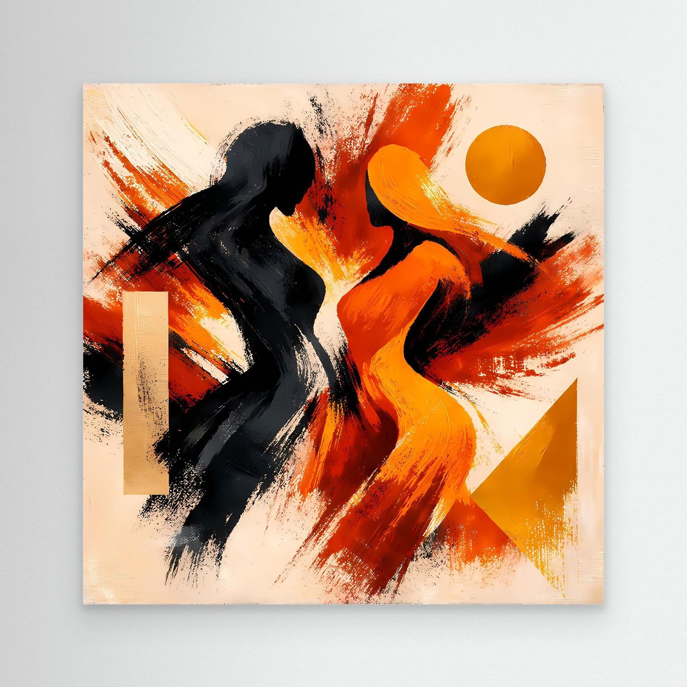 Abstraktes Wandbild mit schwarzen und orangefarbenen Silhouetten, Sonne und Pinselstrichen