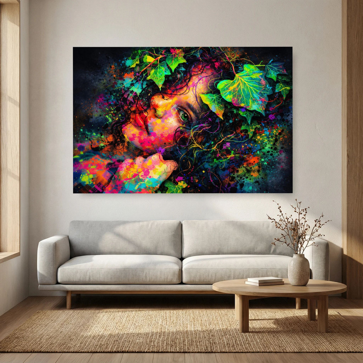 Wandposter im Querformat: Porträtkunst mit Blätterkrone, kräftige Neonfarben und Farbverläufe.