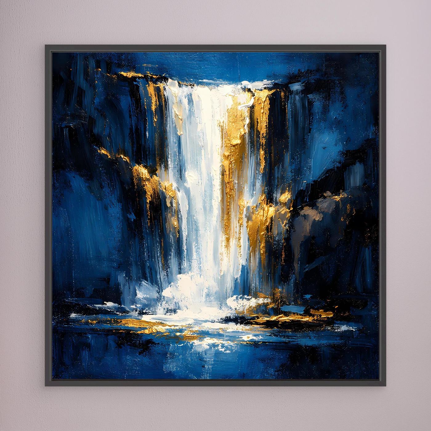 Leinwand Abstraktes Wasserfall Gemälde in Dunkelblau und Gold | Modernes Natur Wandbild