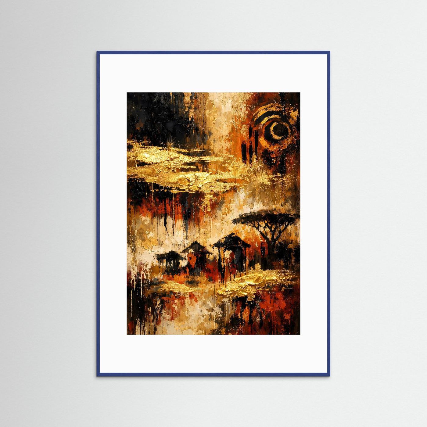 Hochformatiges Ethno-Kunstposter in Gold, Terrakotta und Schwarz, blau gerahmt