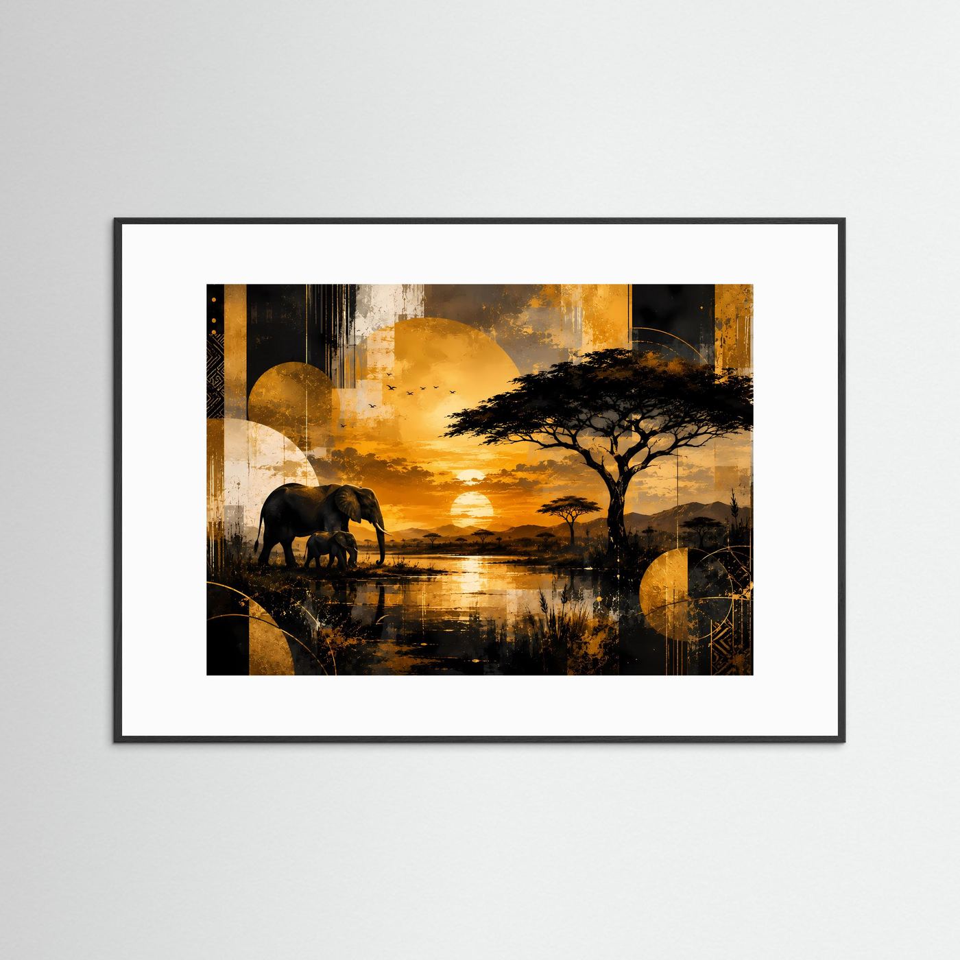 Poster im Querformat mit afrikanischer Savanne, Elefanten und Sonnenuntergang; schwarzer Rahmen und Passepartout