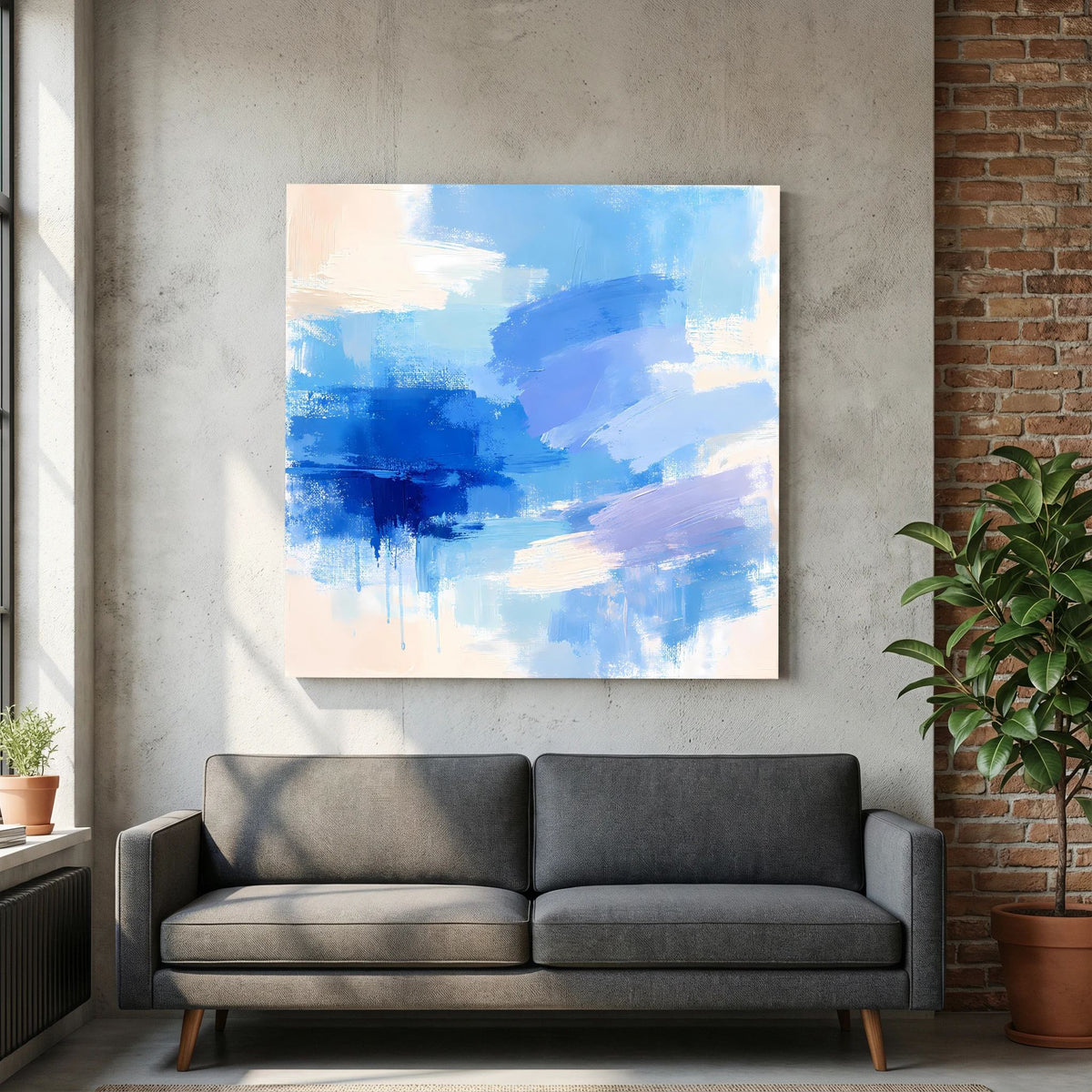 Leinwand Abstrakte Blaue Pinselstriche | Modernes Minimalistisches Wandbild Meer