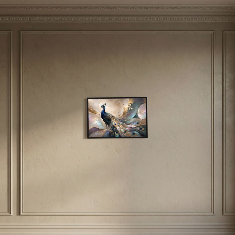 Pfauenfeder-Poster Querformat mit blauem Pfau und türkisfarbenen Federn, Golddetails, schwarz gerahmt
