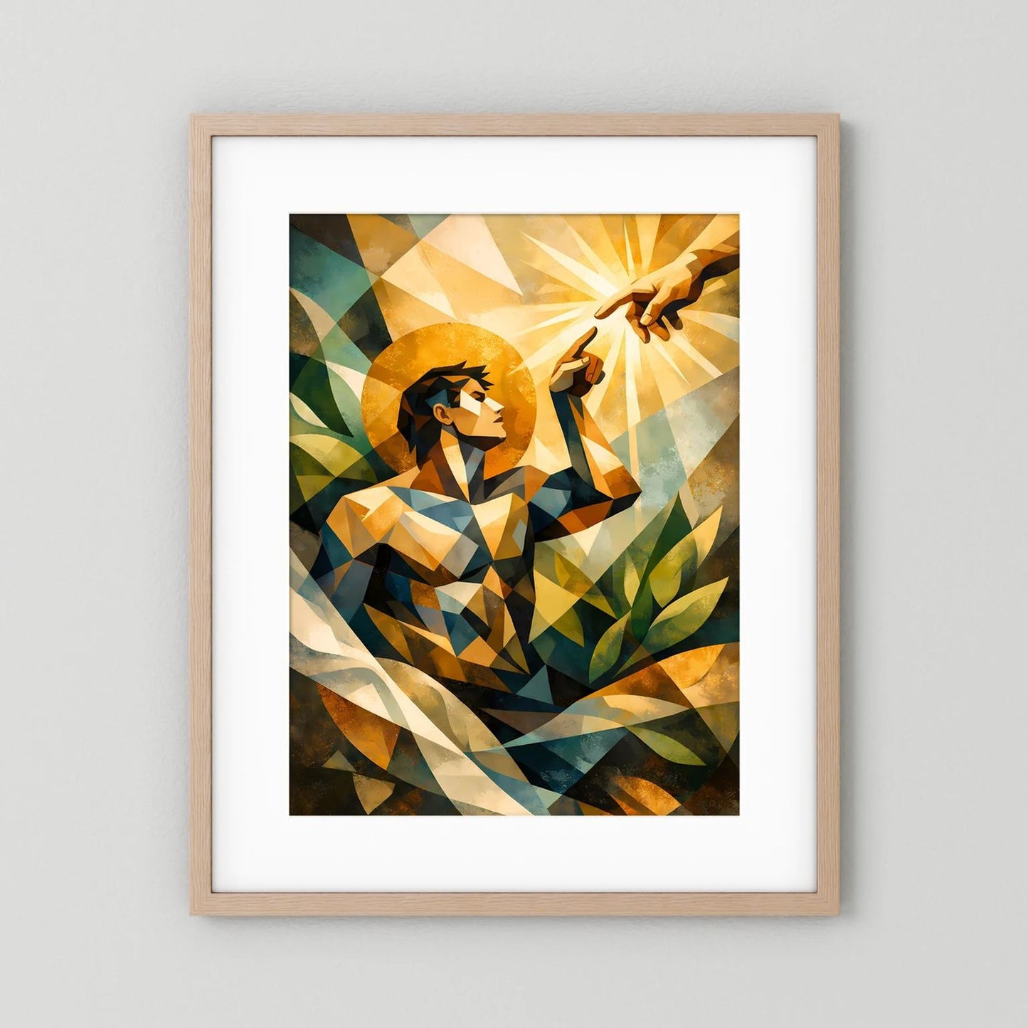 Gerahmtes Poster im Hochformat mit weißem Passepartout, geometrischer Mensch, Eichenrahmen