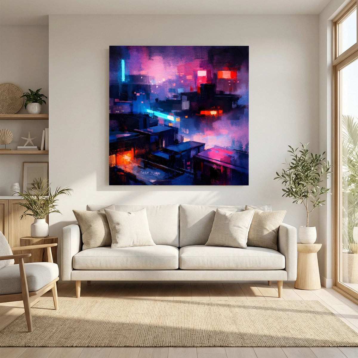 Wandbild auf Leinwand mit Neon-Dystopie-Stadt bei Nacht, quadratisch, dunkler Rahmen