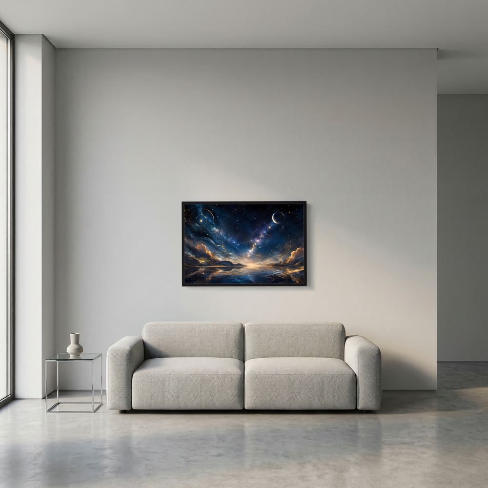 Wandkunst mit Sternenhimmel und Planeten in Blau und Gold, Querformat, im schwarzen Rahmen