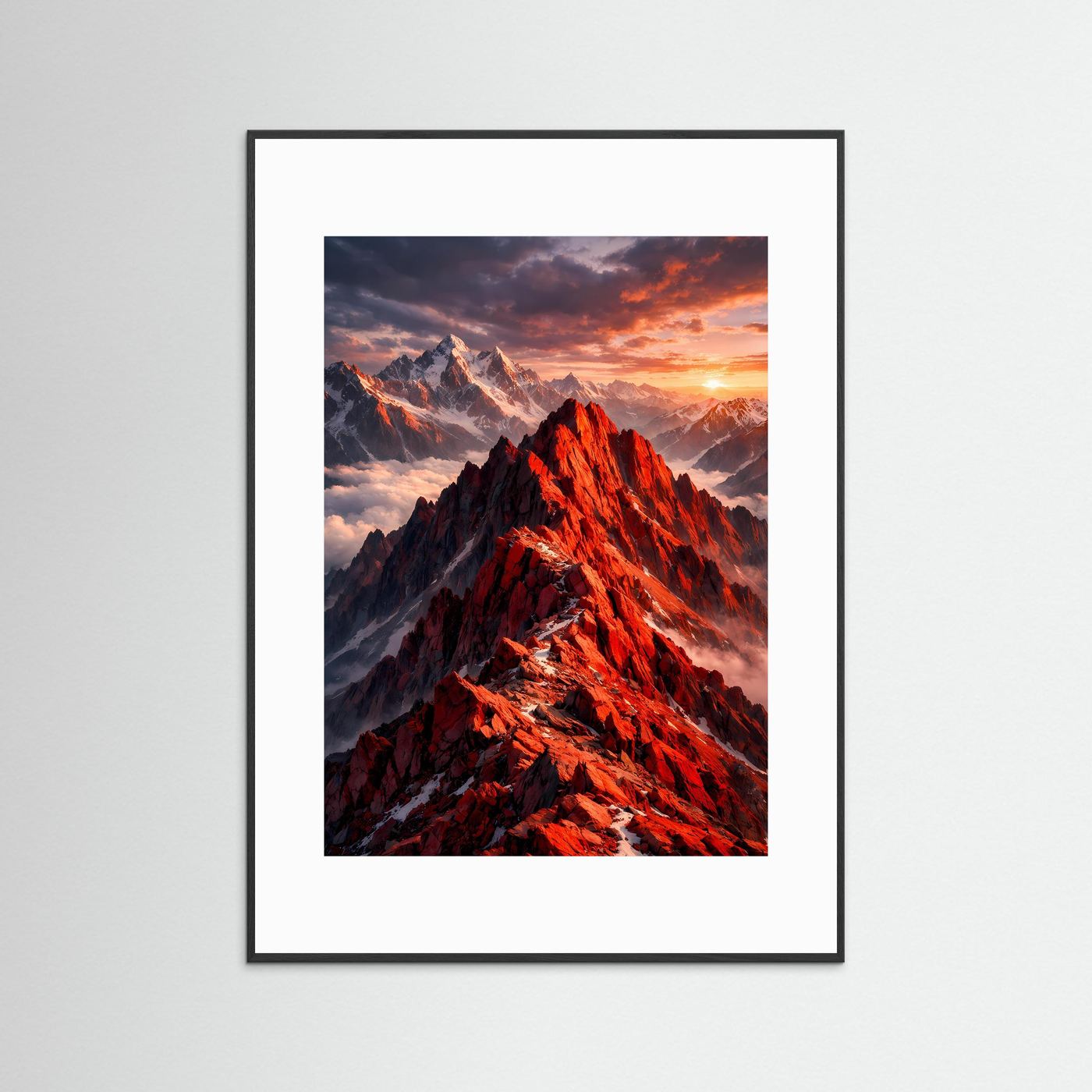 Bergposter im Hochformat mit schwarzem Rahmen und weißem Passepartout: rote Gipfel
