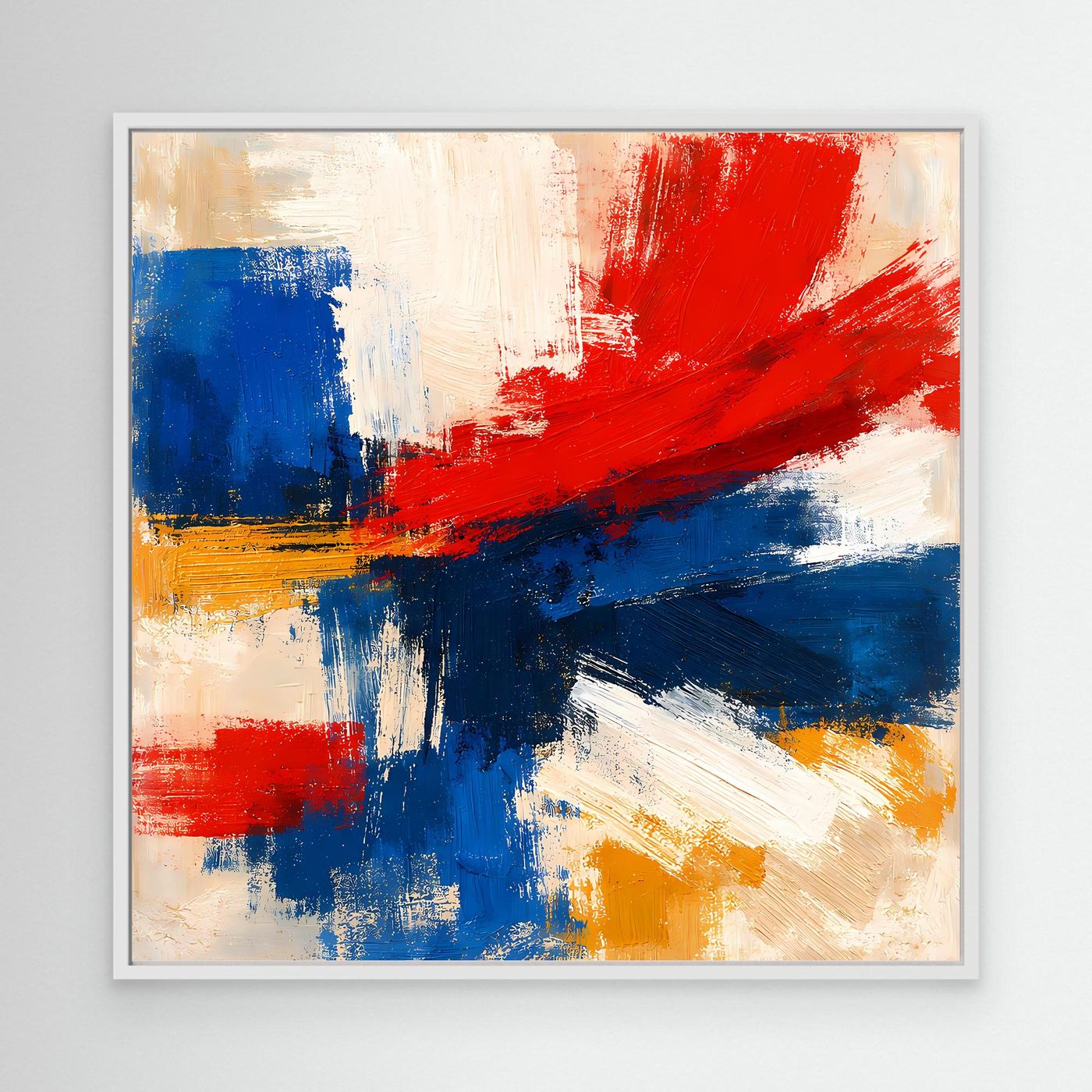 Framed abstract canvas wall art with red, blue, and yellow brushstrokes; white frame