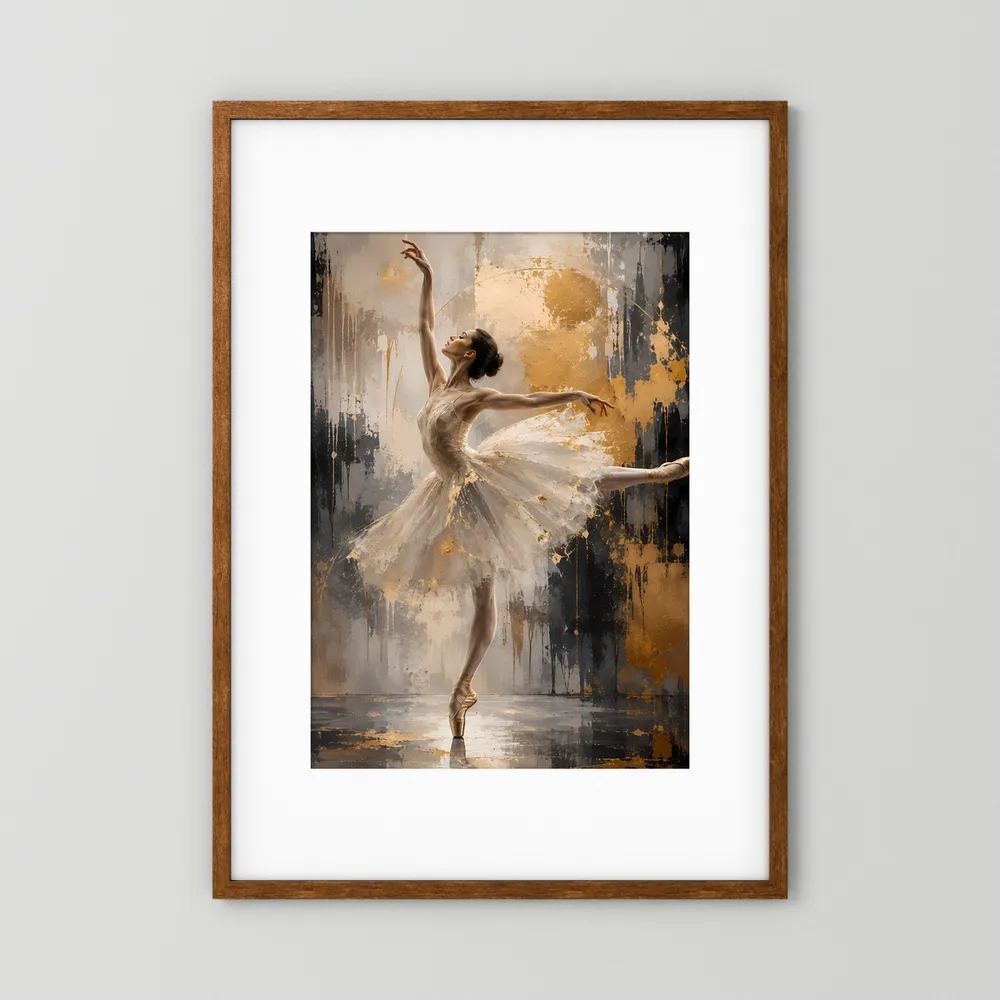 Poster im Hochformat mit Ballerina in Weiß und Gold, im braunen Holzrahmen