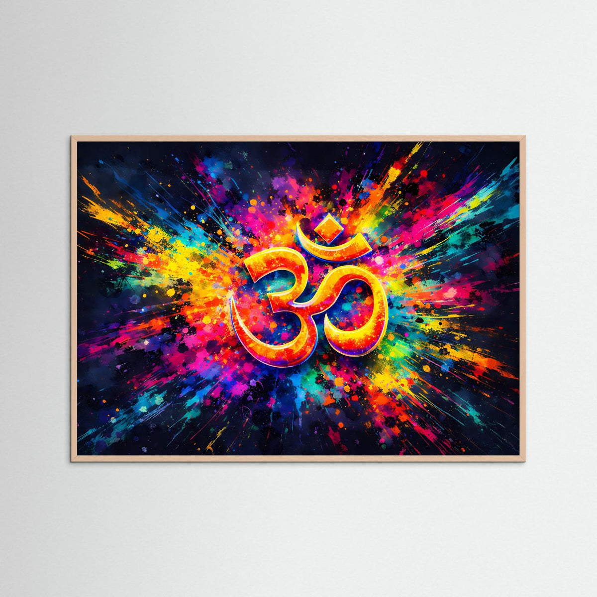 Om-Symbol-Poster im Farbwirbel, querformat, Rosenholzrahmen