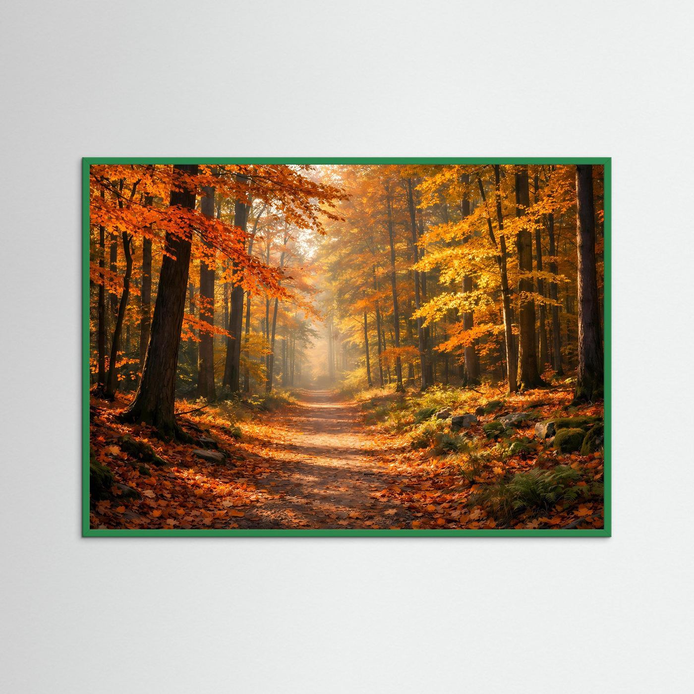 Querformatiges Wald-Wandbild mit Herbstweg und bunten Bäumen, mit grünem Rahmen