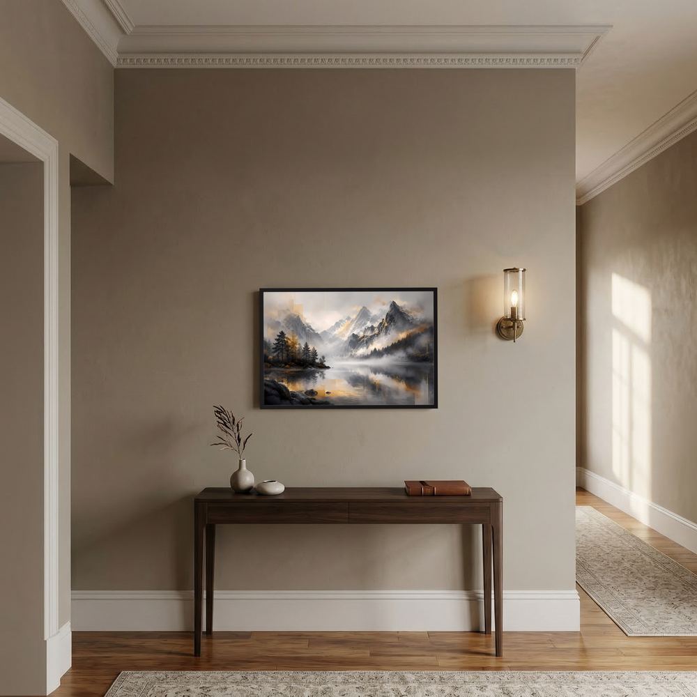 Querformat-Poster: neblige Berglandschaft mit Bergsee, grau-schwarz-gold, im schwarzen Rahmen