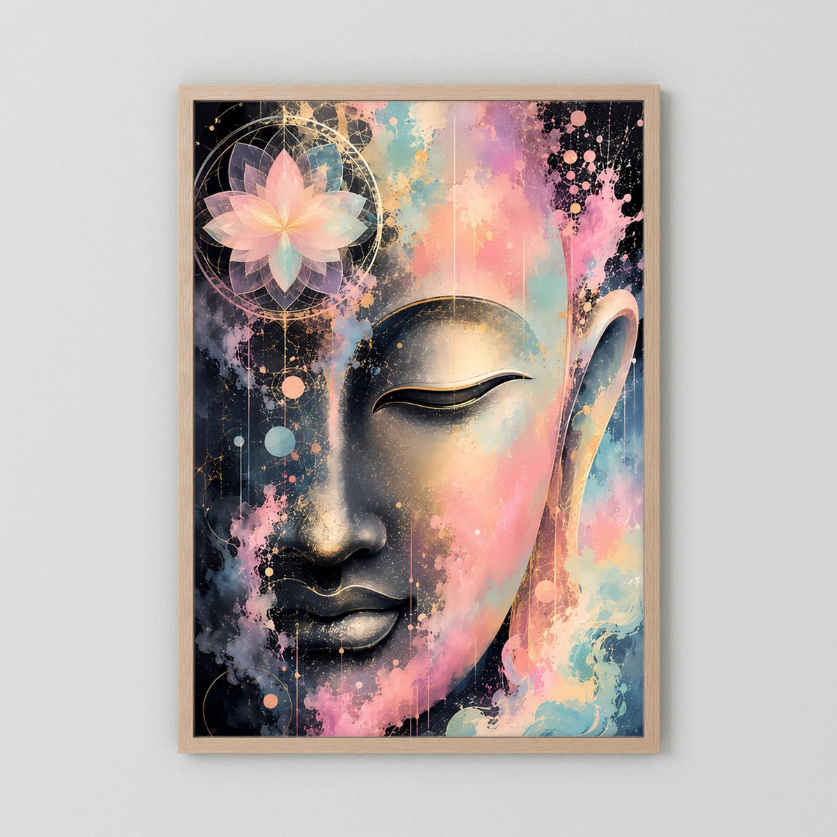 Kunstposter mit abstraktem Buddha-Gesicht in Pastell, Gold- und Schwarzakzenten im Holzrahmen
