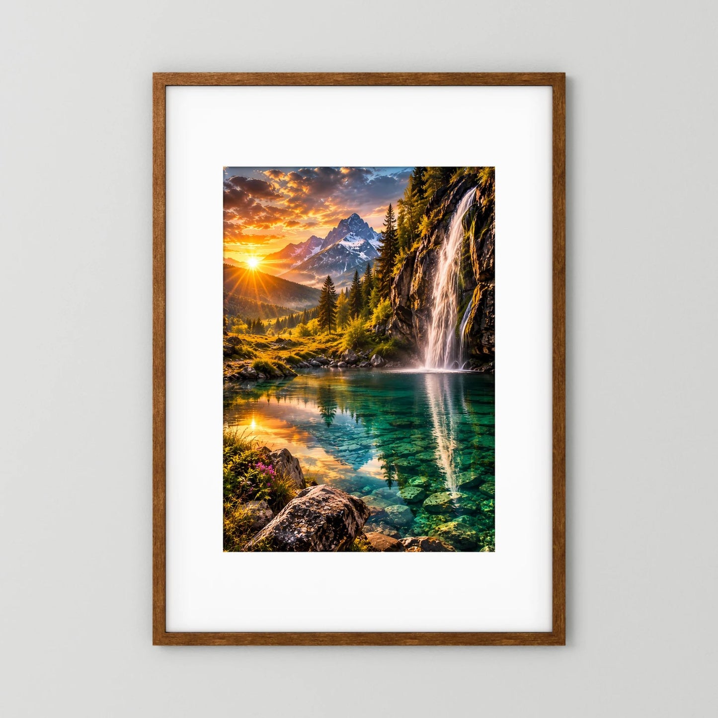 Poster mit Holzrahmen und Alpenlandschaft mit Wasserfall bei Sonnenuntergang