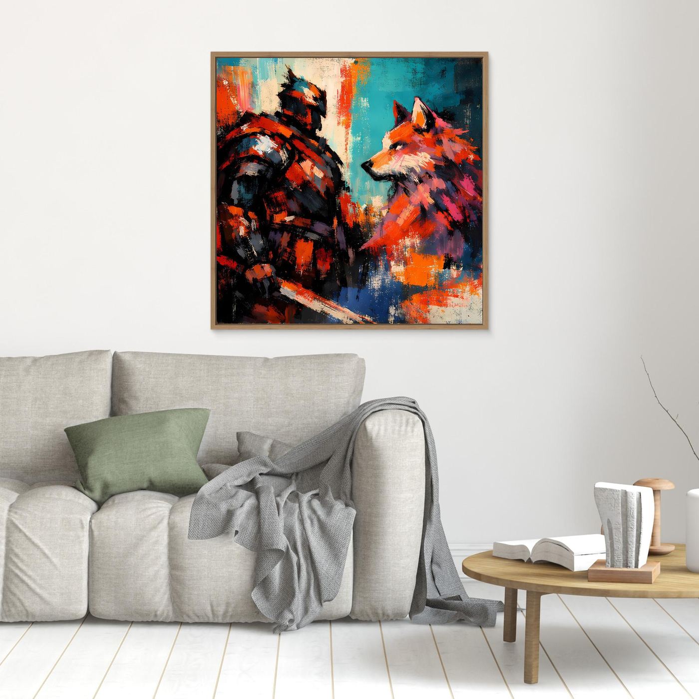 Abstraktes Leinwandbild mit Krieger und Wolf über Sofa, brauner Holzrahmen