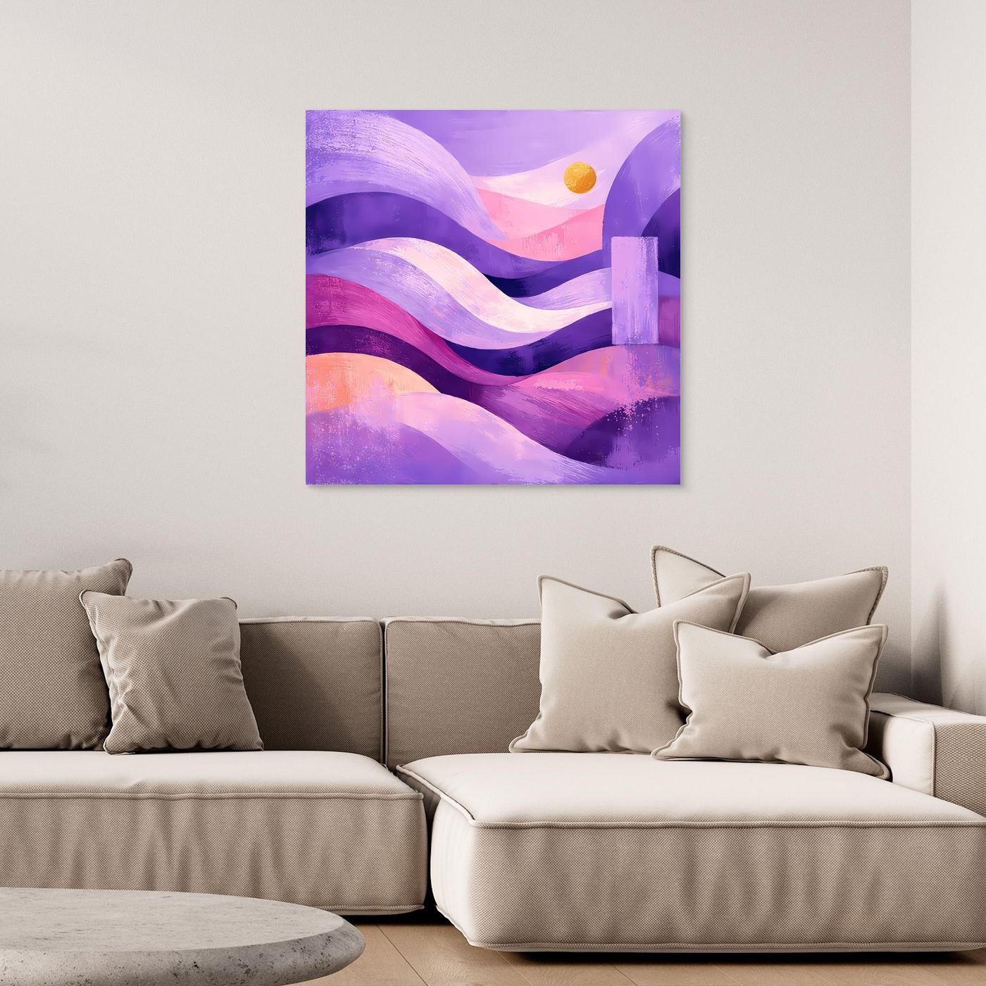 Quadratisches abstraktes Leinwand-Wandbild mit Pastell-Dünen in Lila und Pink