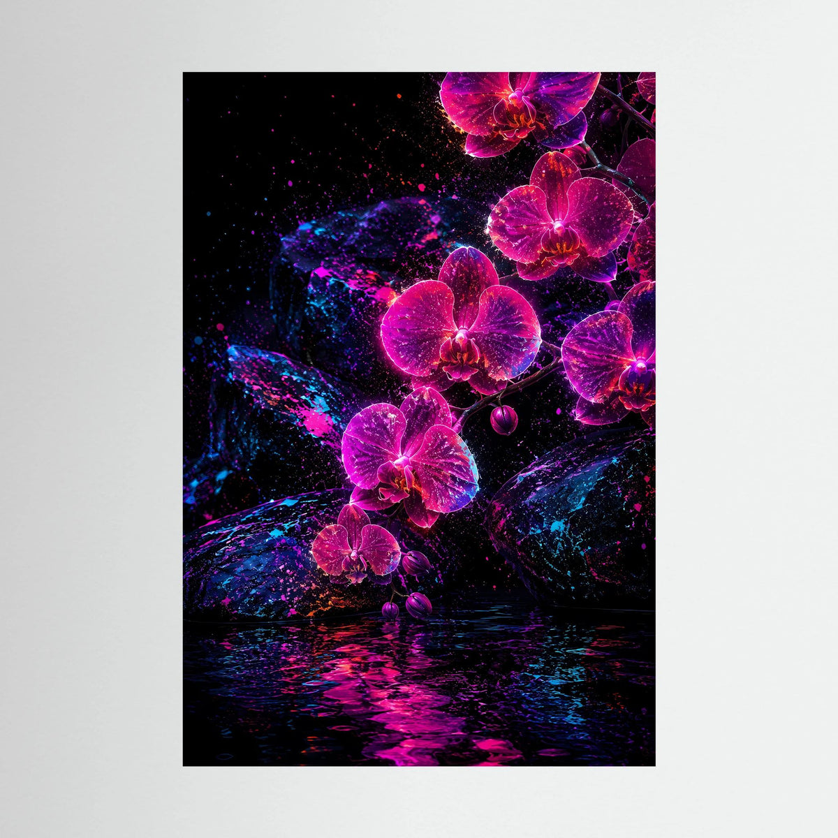 Kunstposter Hochformat: leuchtende Orchideen in Pink und Violett auf dunklem Untergrund