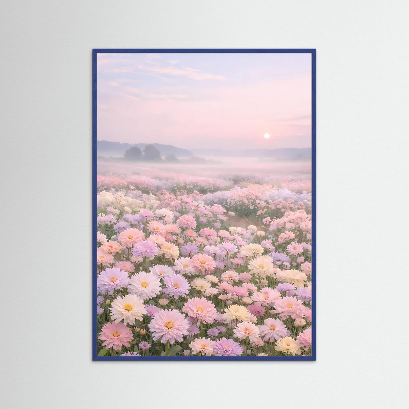 Florales Poster mit Blumenmeer bei Sonnenaufgang, blau gerahmt, hochformat