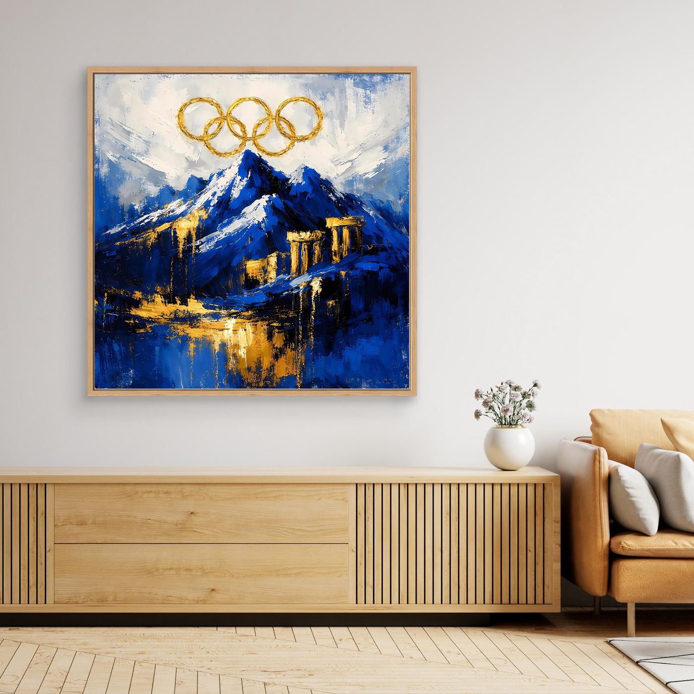 Leinwand Olympischer Geist am Mount Olympus | Abstraktes Berge Wandbild Gold Blau
