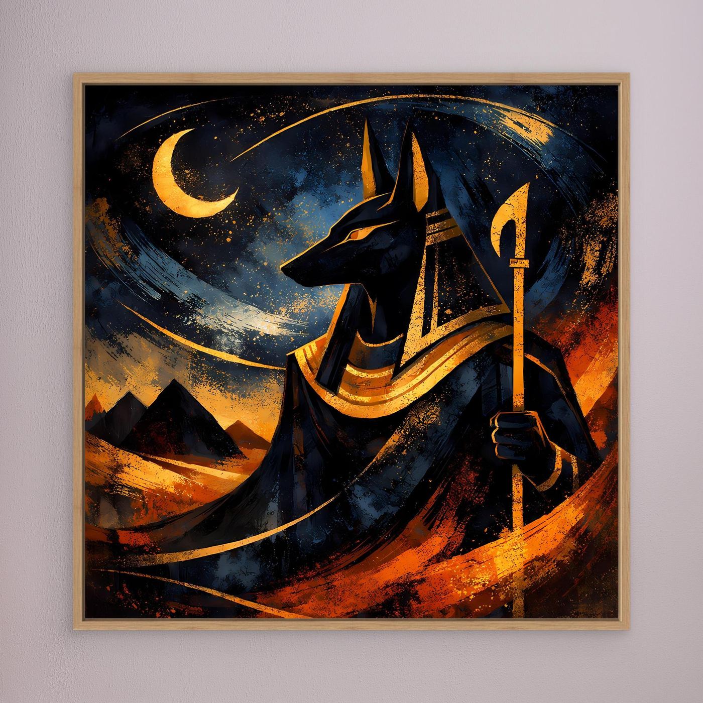 Leinwand-Wandbild mit beigem Rahmen: Anubis mit Fackel und Mondsymbol, abstrakte Nacht