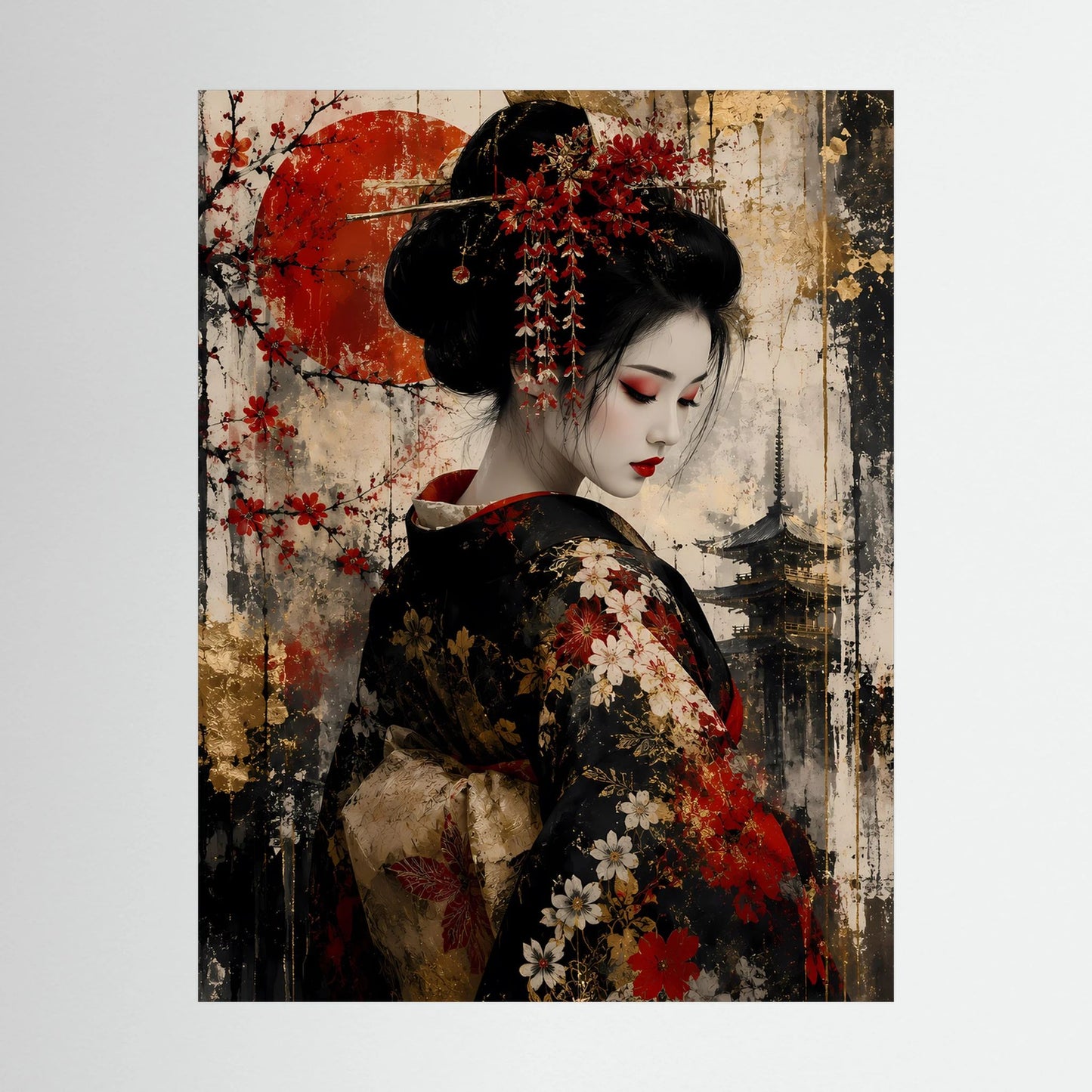 Poster mit Nahansicht einer japanischen Frau in Schwarz und Rot, florale Akzente
